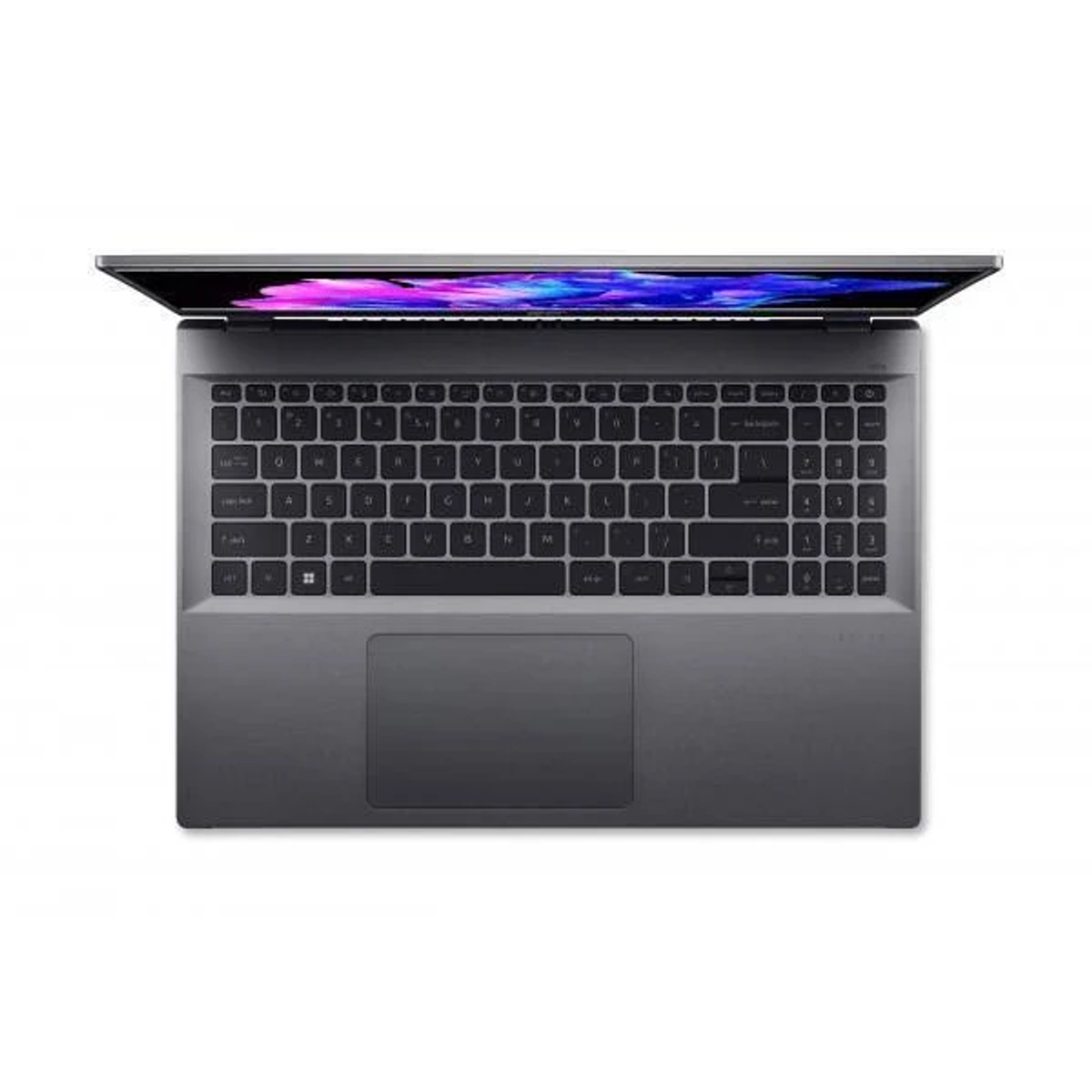 Computer portatile aperto su una superficie bianca. La tastiera è nera.
