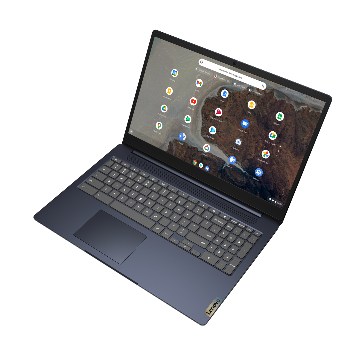 Blauer Lenovo Chromebook Laptop. Geöffnet. Bildschirm zeigt Chrome-Oberfläche. Tastatur und Touchpad sichtbar. Weißer Hintergrund.