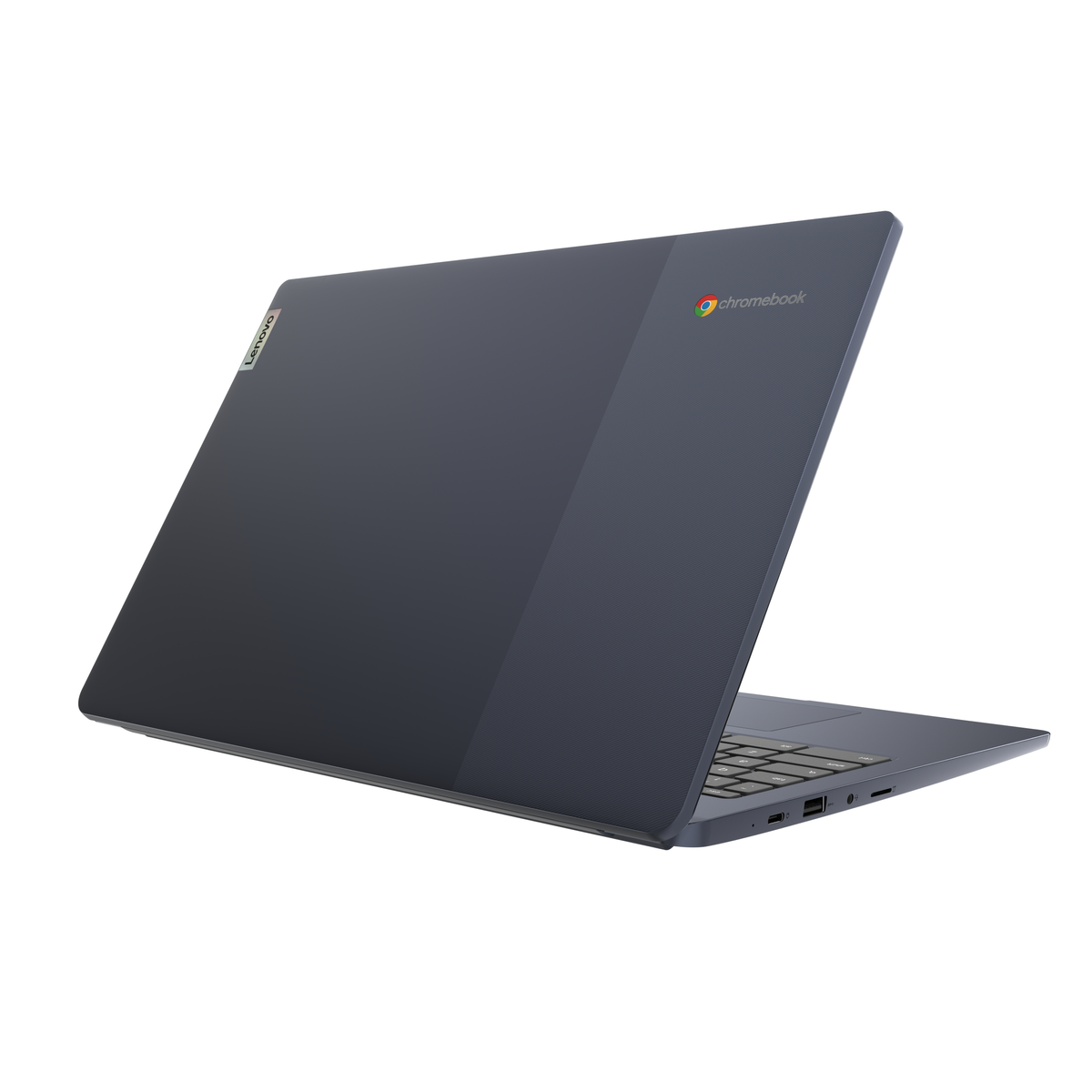 Ein dunkelblaues Lenovo Chromebook-Laptop, von hinten betrachtet, leicht angewinkelt.