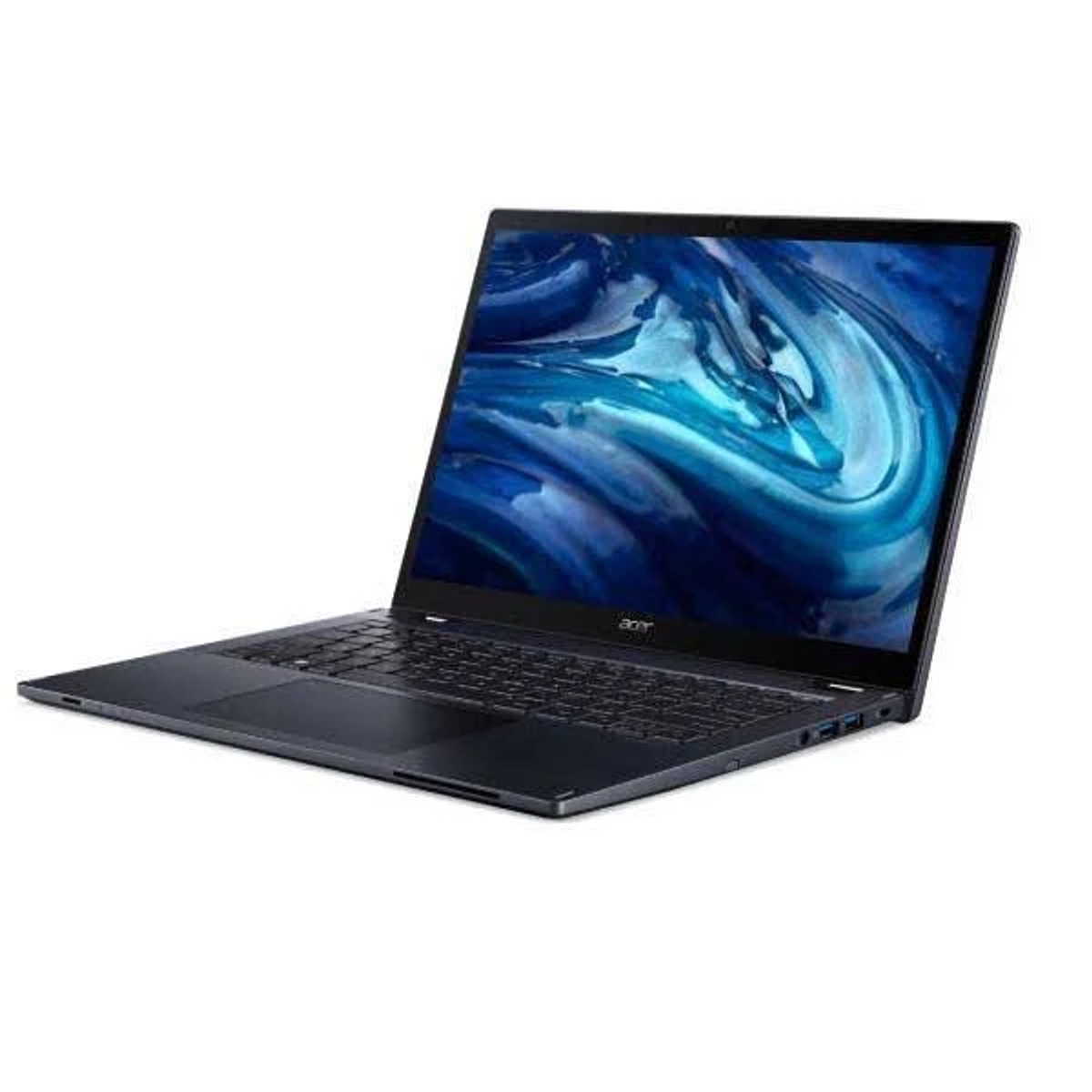 Ciemny laptop z otwartym ekranem. Ekran wyświetla ciemnoniebieski obraz. Białe tło.
