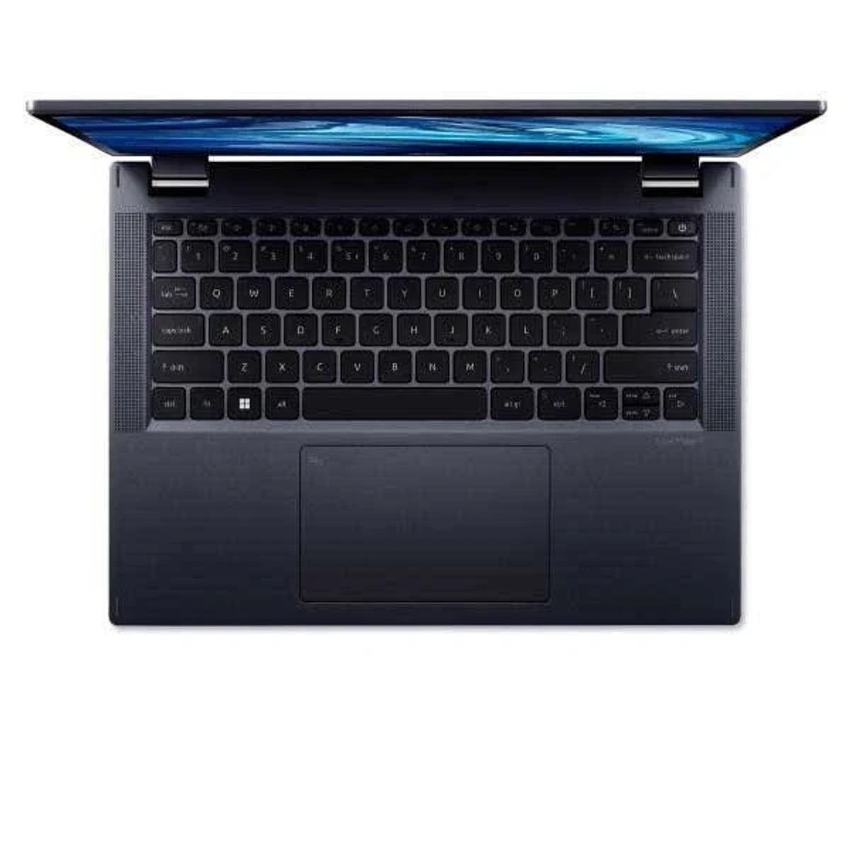 Ciemnoniebieski laptop, otwarty, widok z góry, pokazujący klawiaturę i touchpad.