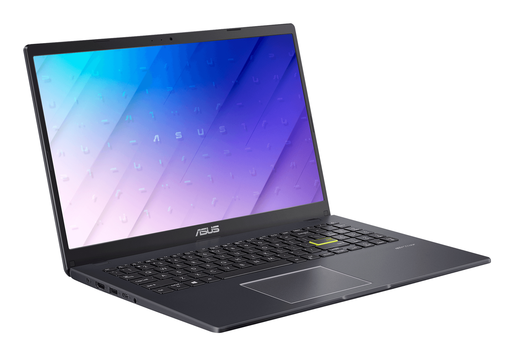Portátil Asus, abierto. Pantalla con gradiente azul y púrpura. Teclado y panel táctil visibles.