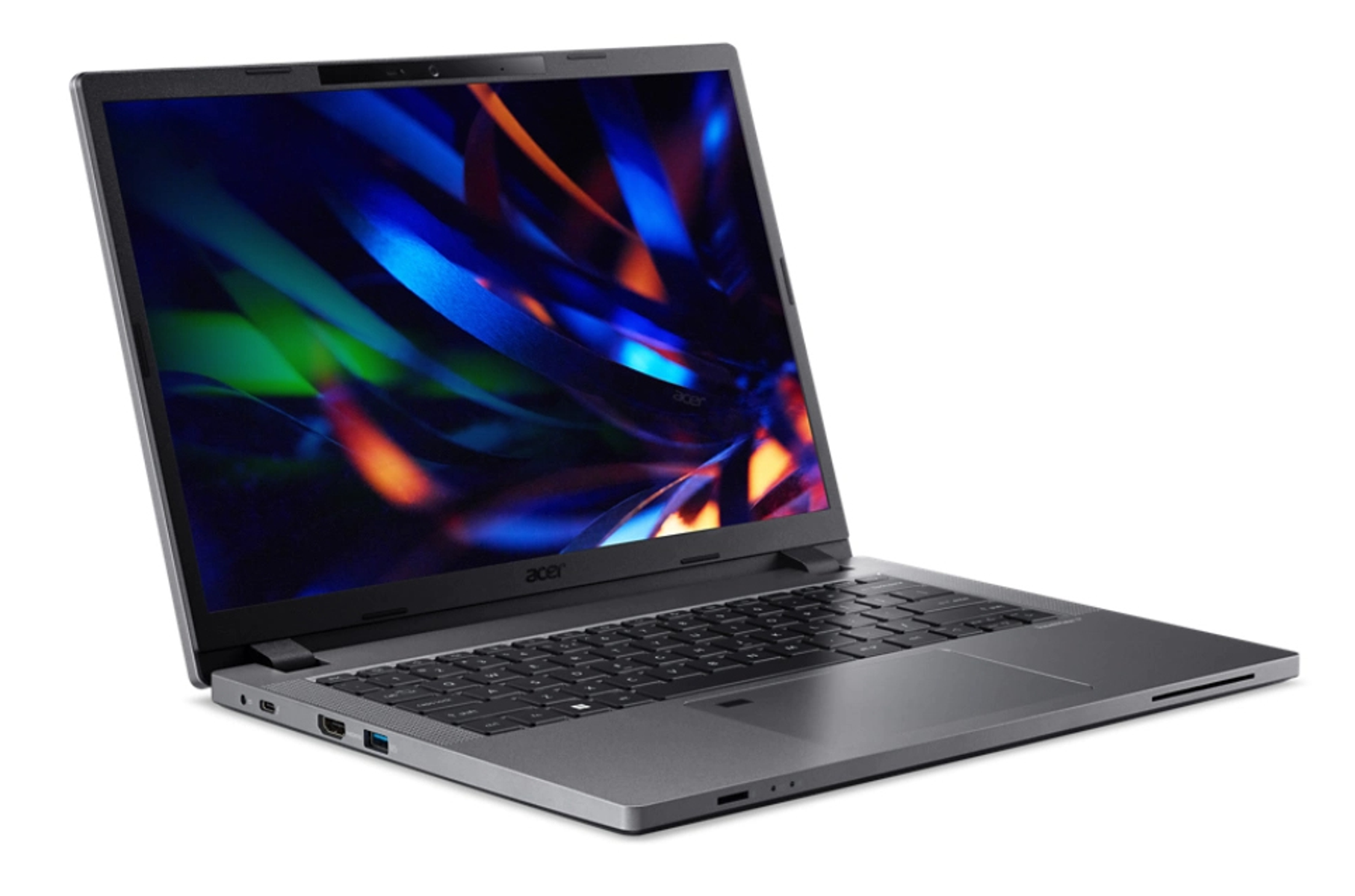 Laptop Acer grigio, aperto, vista angolata. Display mostra un vivace design artistico astratto blu e arancione.