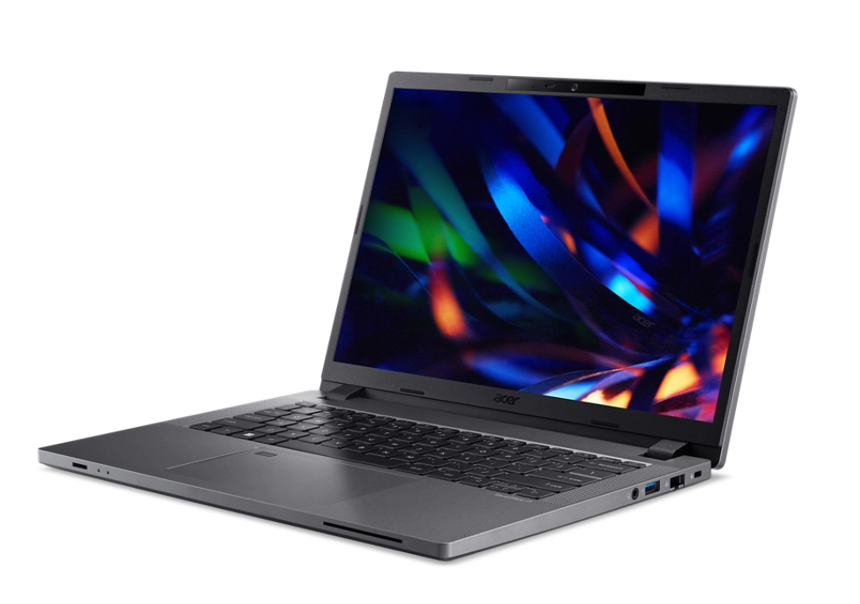 Laptop argentato, aperto, mostra un design astratto e colorato sullo schermo.