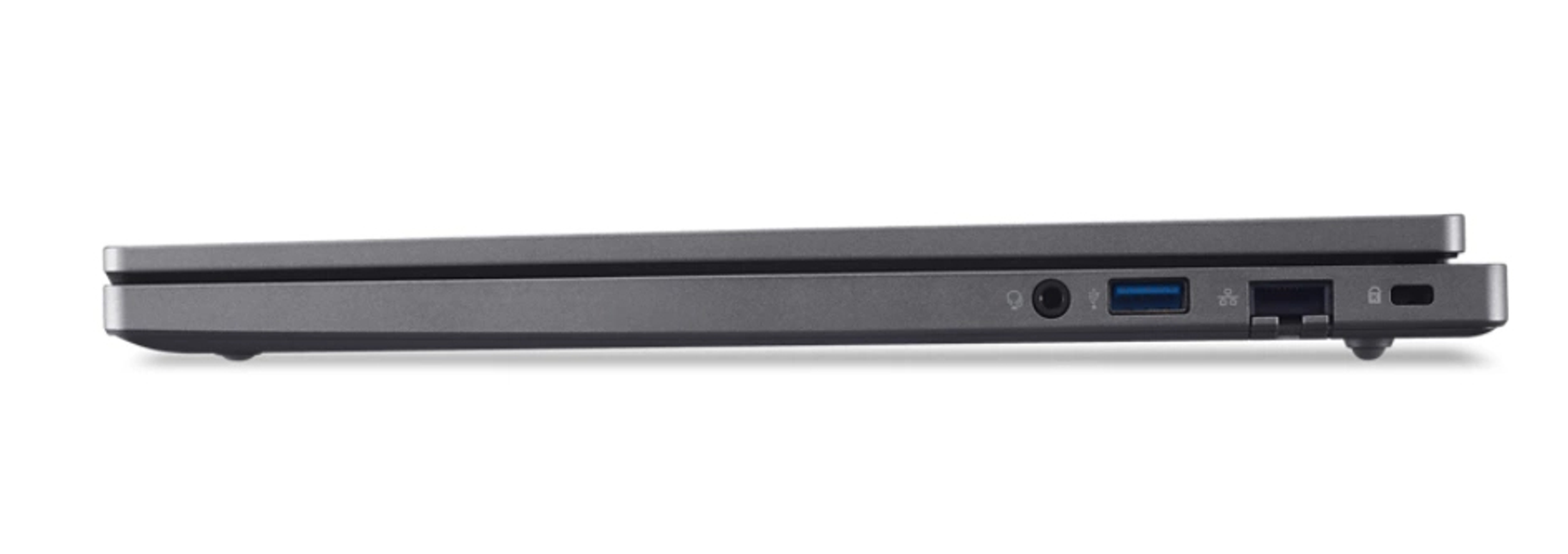 Vista laterale di un laptop grigio chiuso. Mostra porte e un design elegante e sottile.