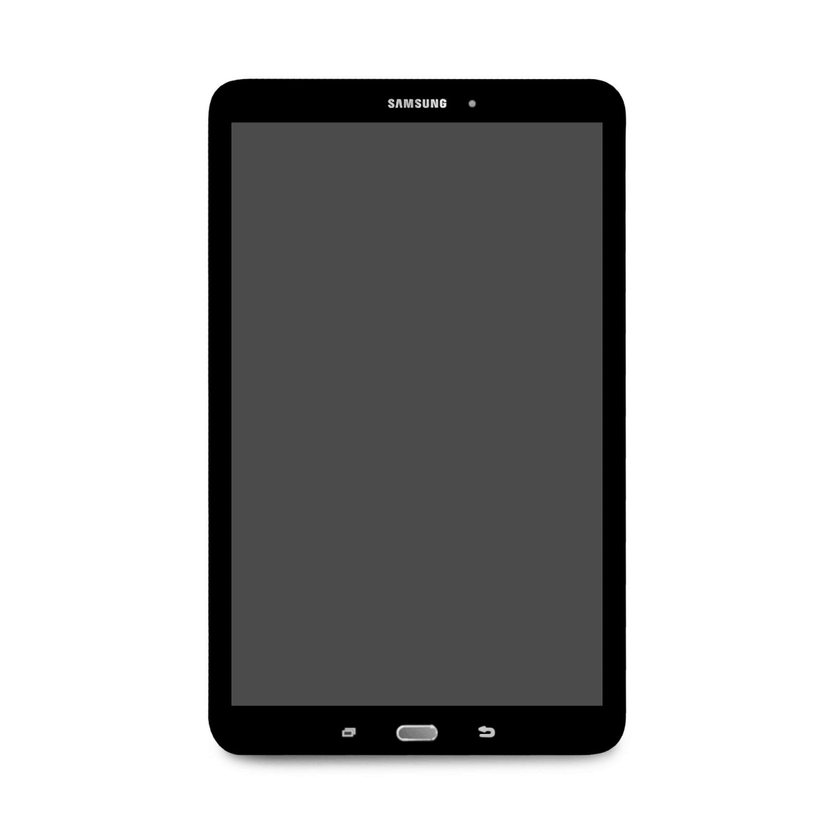 Ein schwarzes Samsung Tablet mit leerem Bildschirm.