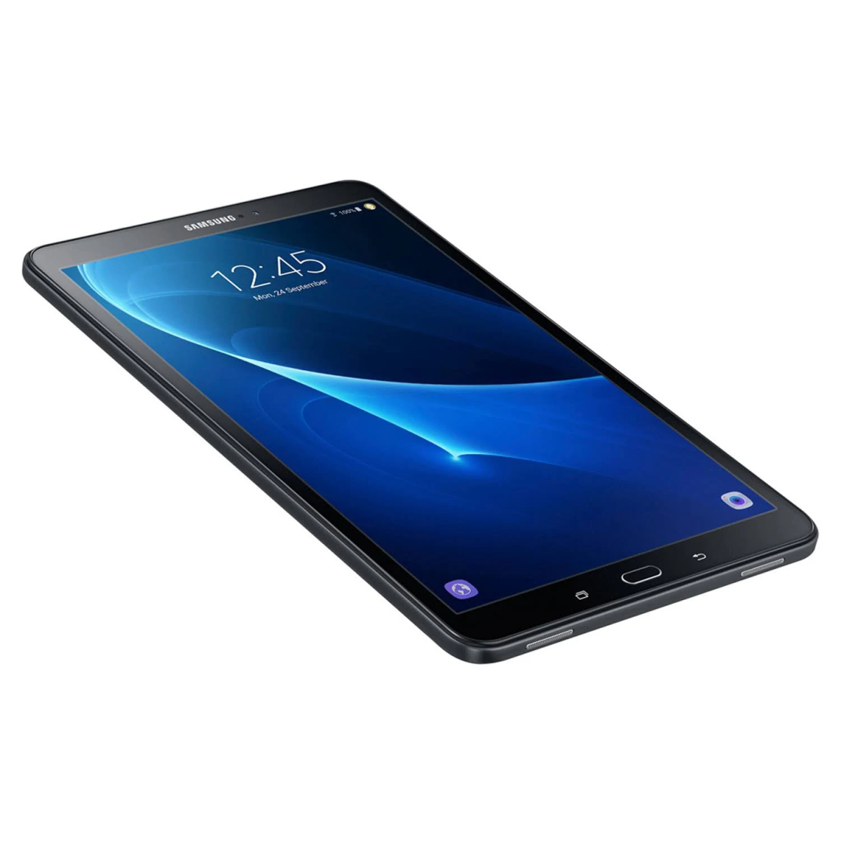 Schwarzes Samsung Tablet. Bildschirm zeigt Uhrzeit und Datum. Schwarzer Rand umgibt den Bildschirm.