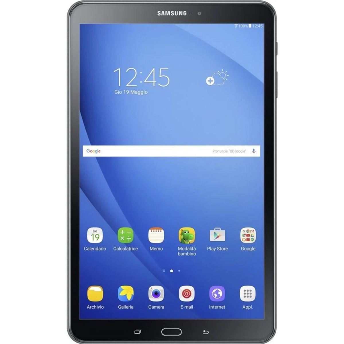 Ein schwarzes Samsung-Tablet, das einen Startbildschirm mit App-Symbolen zeigt.