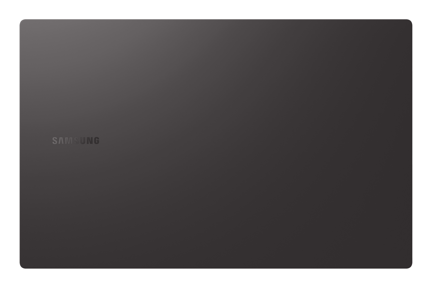 Portátil Samsung gris oscuro, cerrado, mostrando el logo de Samsung, sobre fondo blanco.