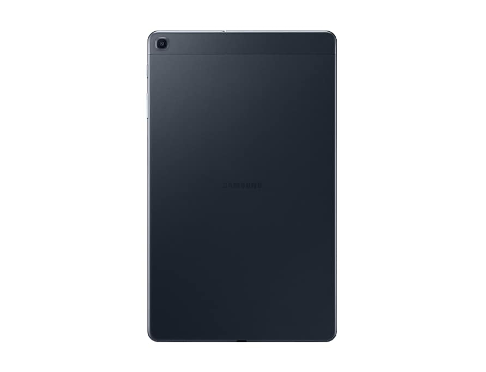 Vista posteriore di un tablet blu scuro su sfondo bianco. Il logo Samsung è visibile.