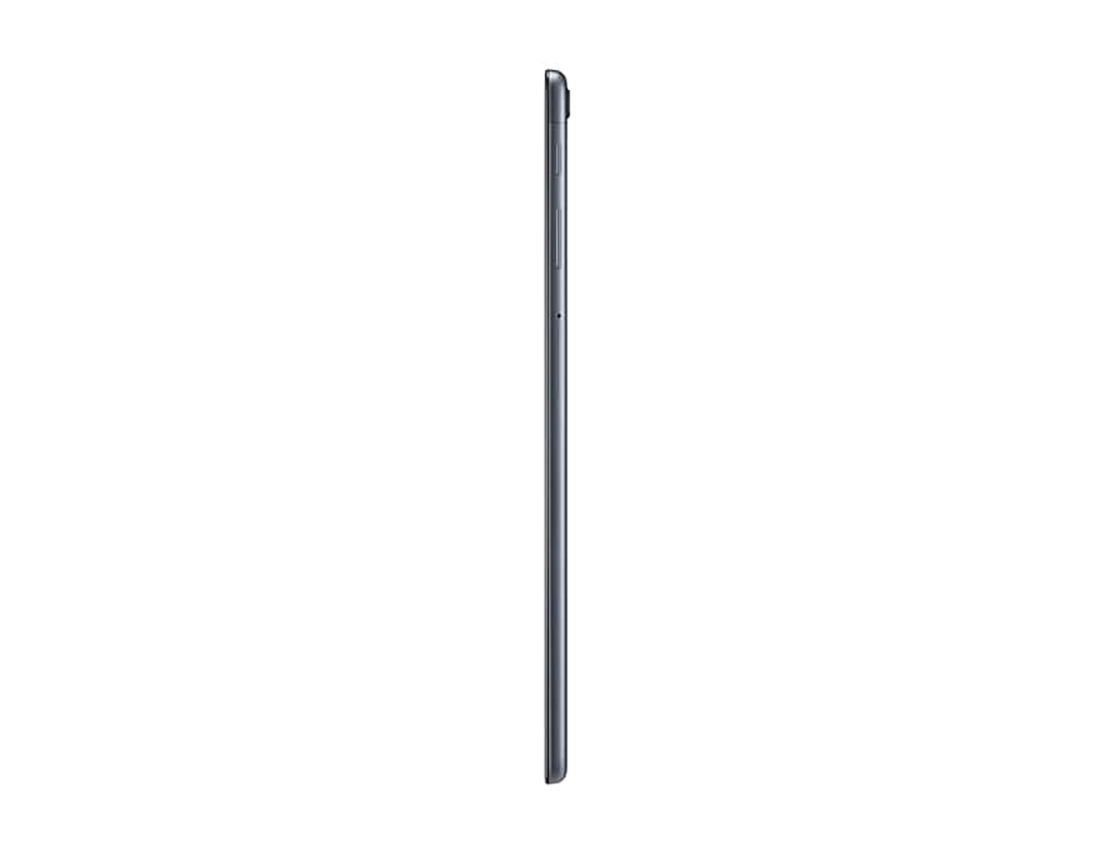 Vista laterale di un tablet nero. È un dispositivo sottile su sfondo bianco.