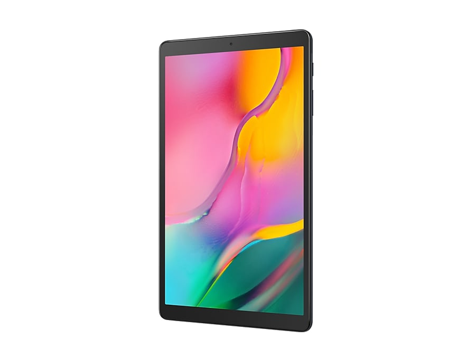Tableta negra, pantalla mostrando diseño colorido. La tableta está sobre una superficie blanca.