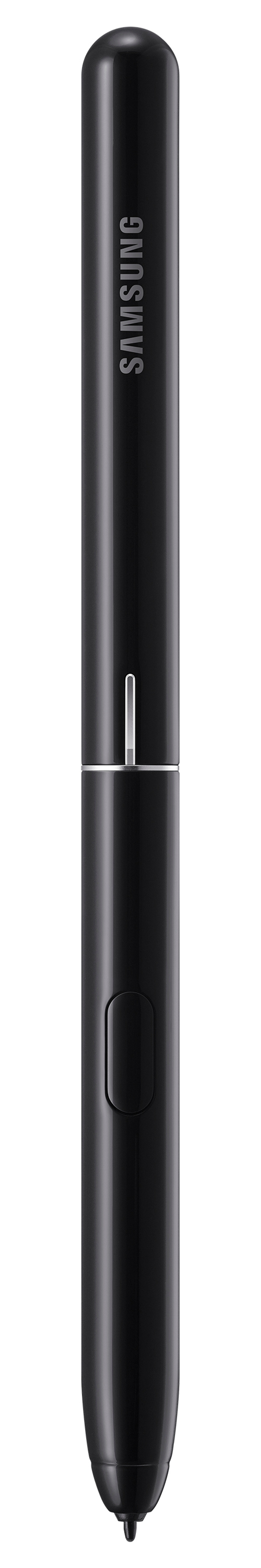 Una penna stilo Samsung nera con pulsante argentato e logo Samsung.