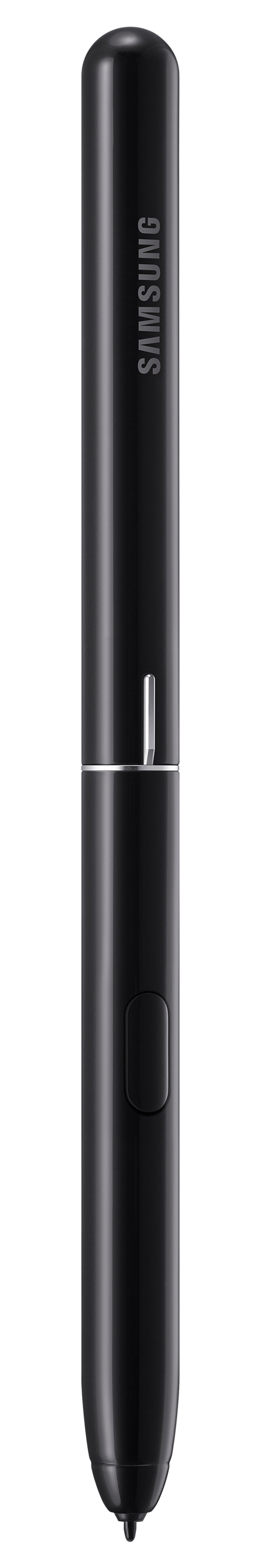 Stilo Samsung nero, isolato su bianco. È lungo e cilindrico.