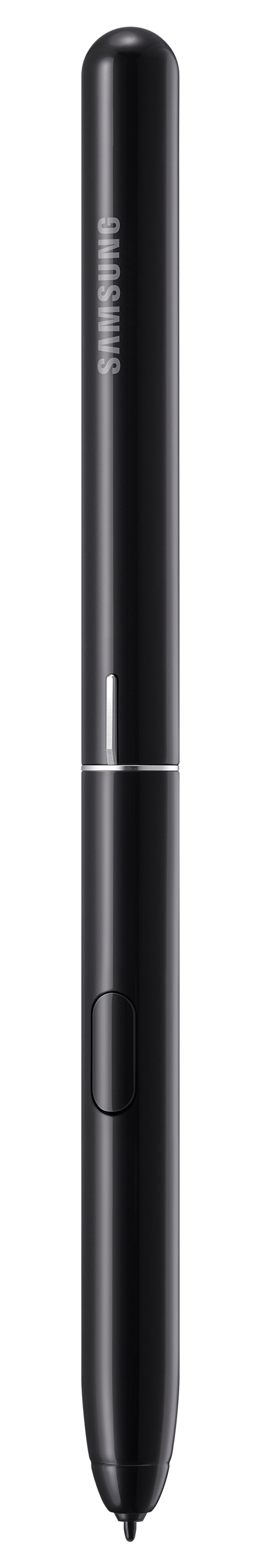 Penna stilo Samsung nera, verticale, su sfondo bianco. Accenti neri e argento.