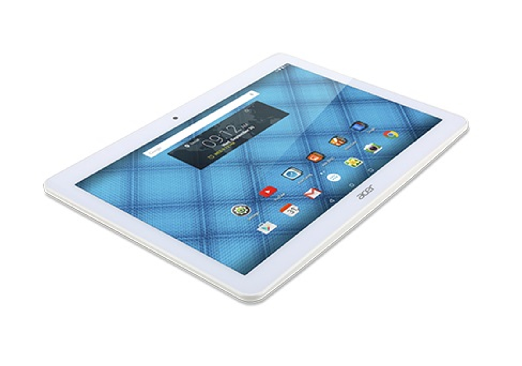 Ein weißes Acer-Tablet ist geöffnet und zeigt einen blau gemusterten Bildschirm mit Symbolen und Uhrzeit.