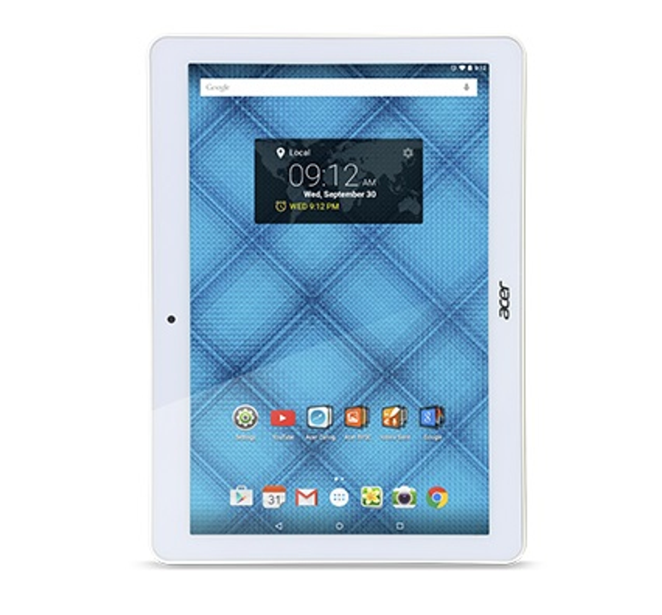 Weißes Tablet mit eingeschaltetem Bildschirm, zeigt Oberfläche. Weißer Hintergrund.