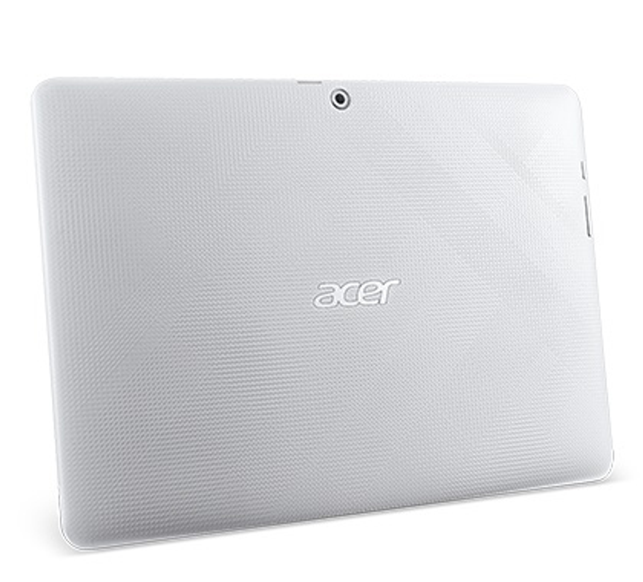 Rückansicht eines weißen Acer-Tablets. Acer-Logo und Kamera sichtbar. Das Tablet ist abgewinkelt.
