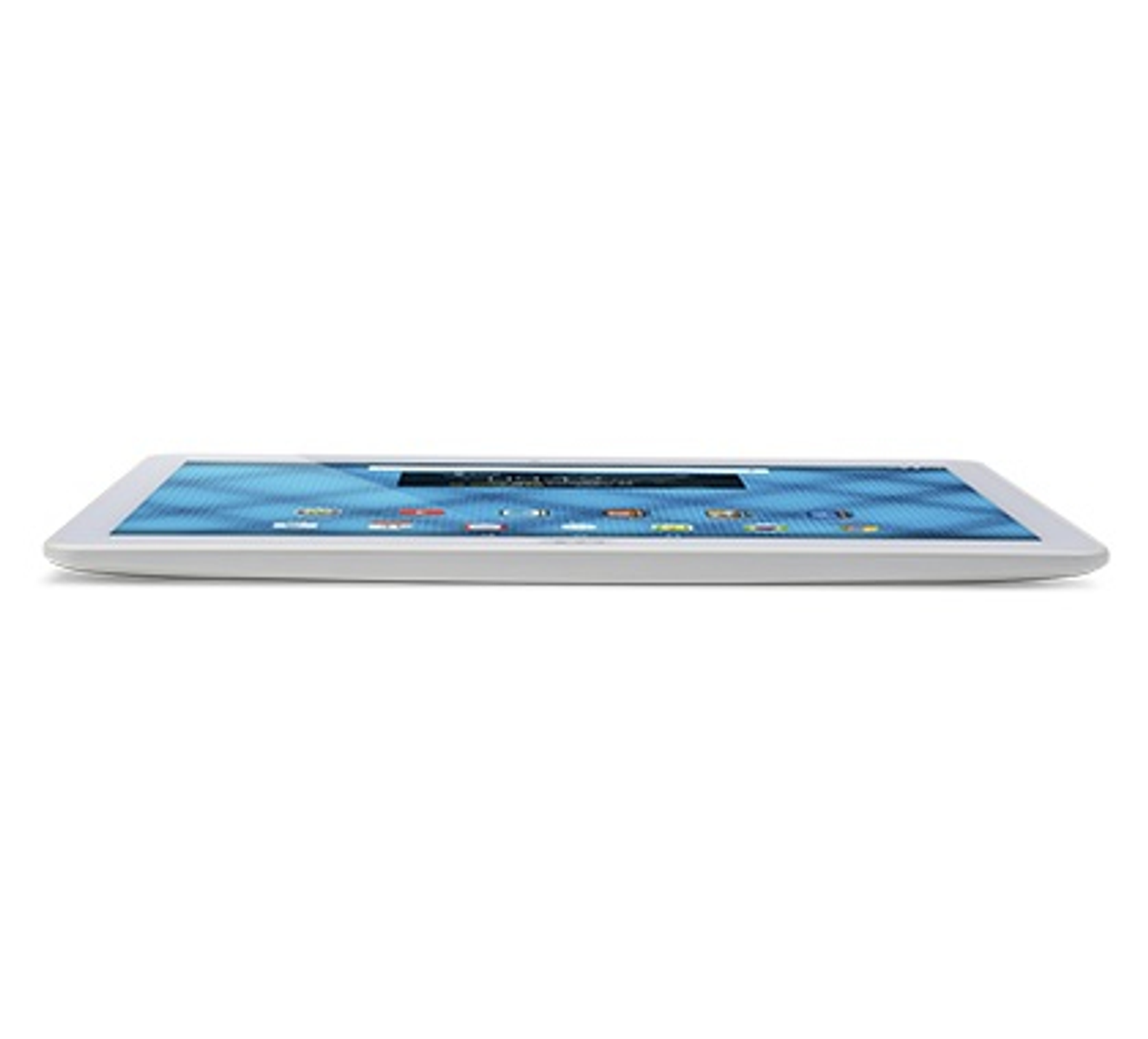 Weißes Tablet, Seitenansicht, auf weißem Hintergrund.