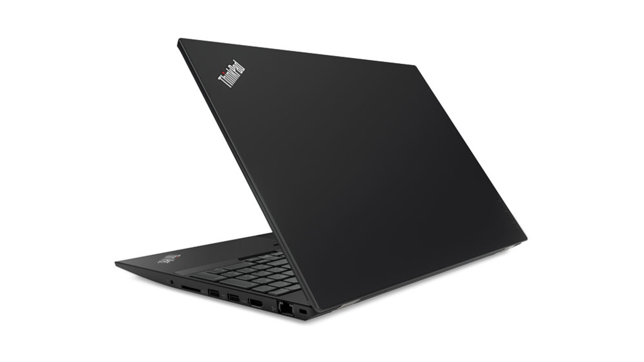 Portátil ThinkPad negro abierto, vista trasera. Tapa visible. Teclado parcialmente visible.