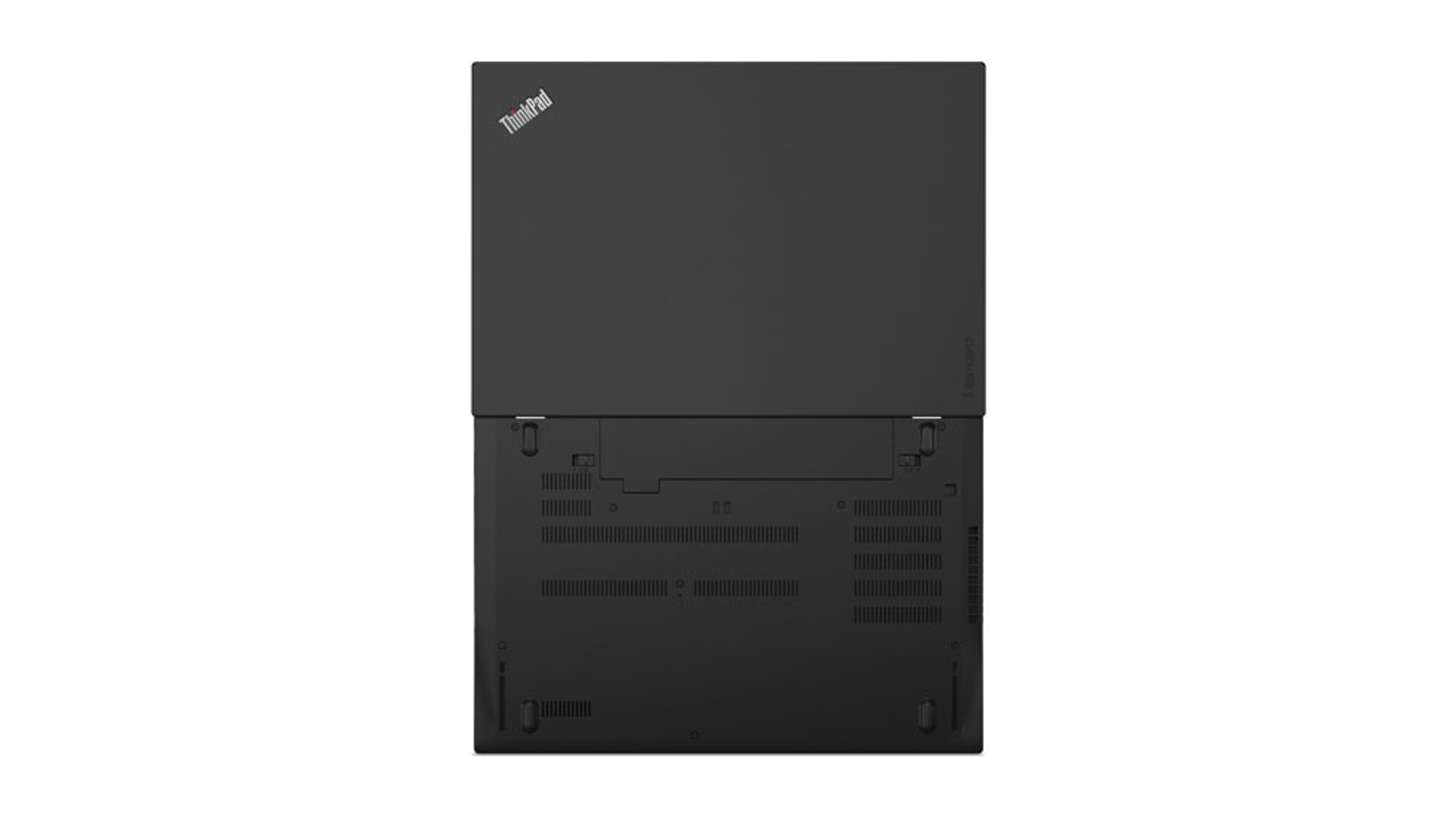 Portátil Lenovo ThinkPad negro, vista inferior. Fondo negro.