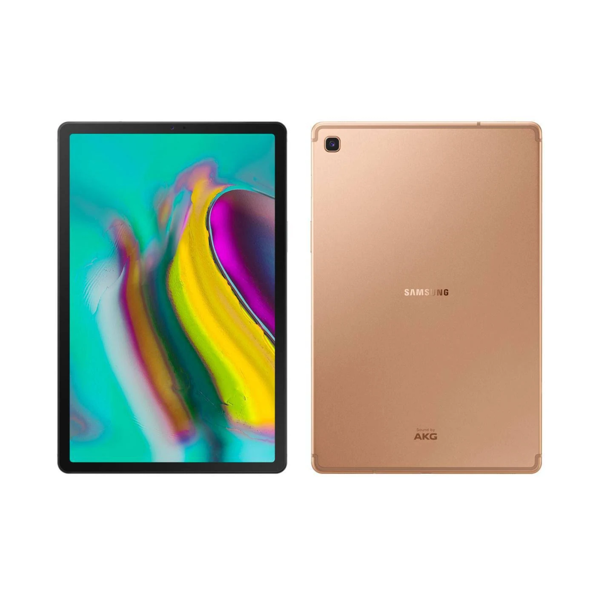 Una tableta Samsung dorada, vista dual: frontal con pantalla, trasera con logo.