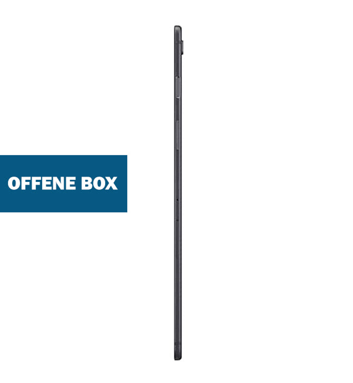 Tableta negra vista de lado, con un cuadro de texto azul que dice "OFFENE BOX".