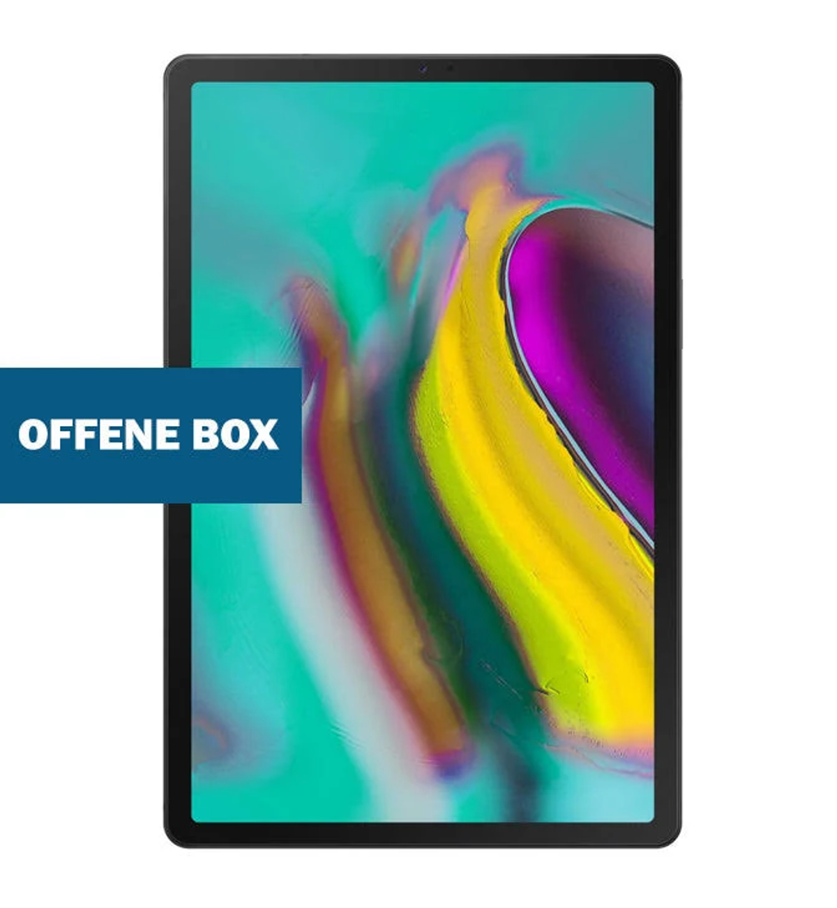 Tableta con pantalla colorida, mostrando el texto "OFFENE BOX" sobre fondo blanco. La tableta es negra.