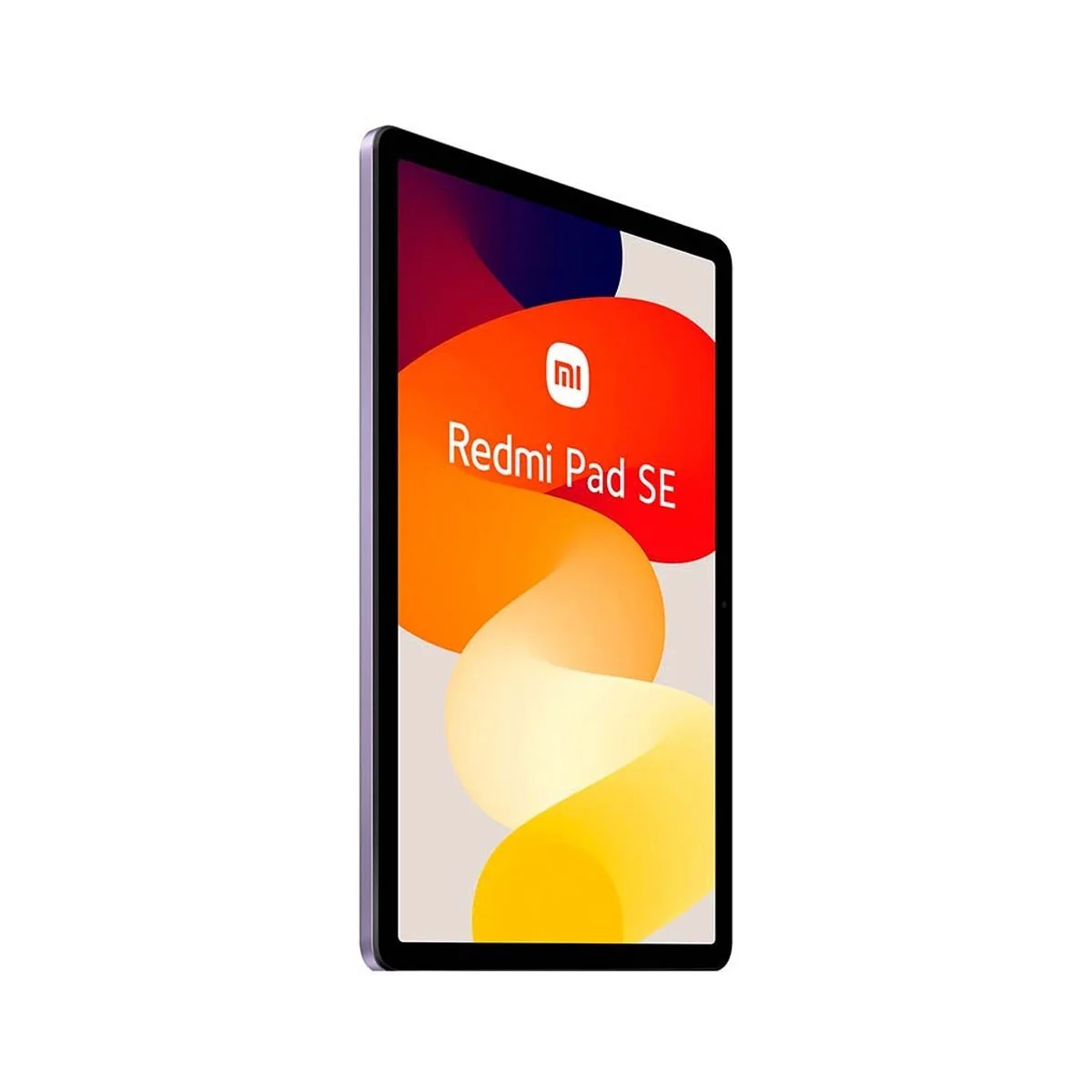 Mor çerçeveli tablet, ekran renkli soyut bir görüntü ve marka adını gösteriyor.