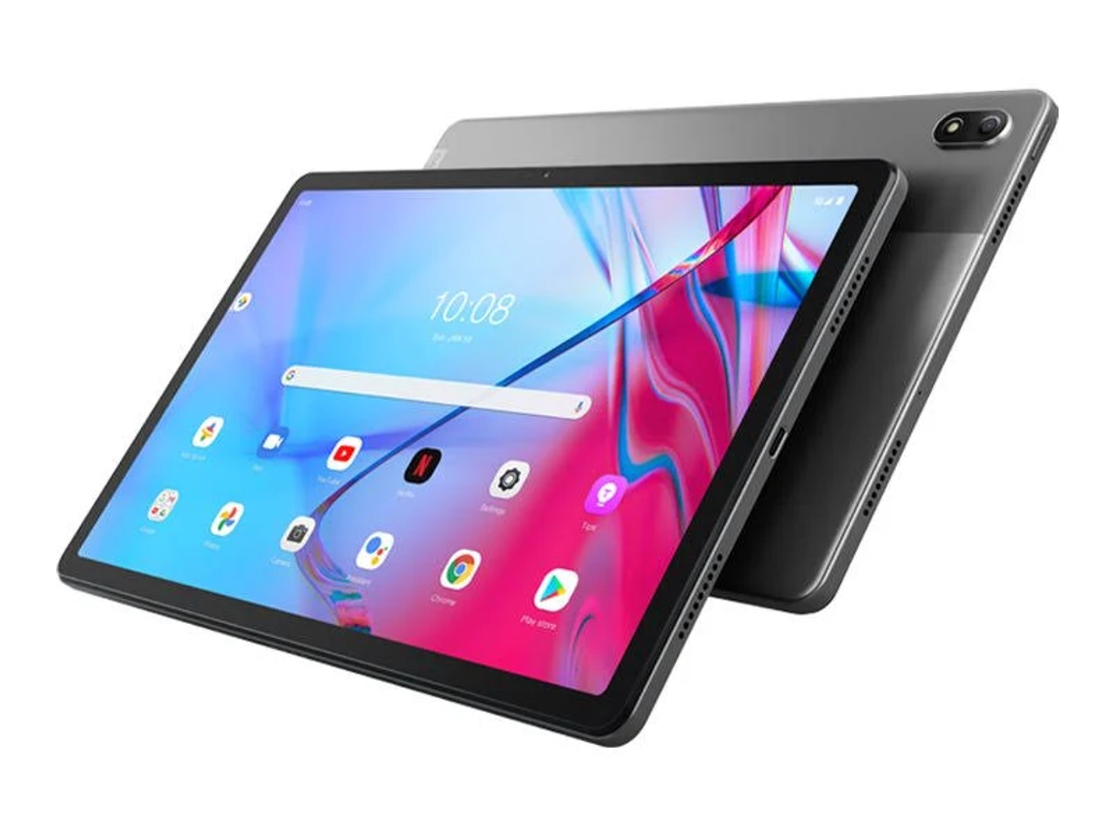 Dos tabletas, una mostrando una interfaz colorida, la otra con la parte trasera hacia arriba.
