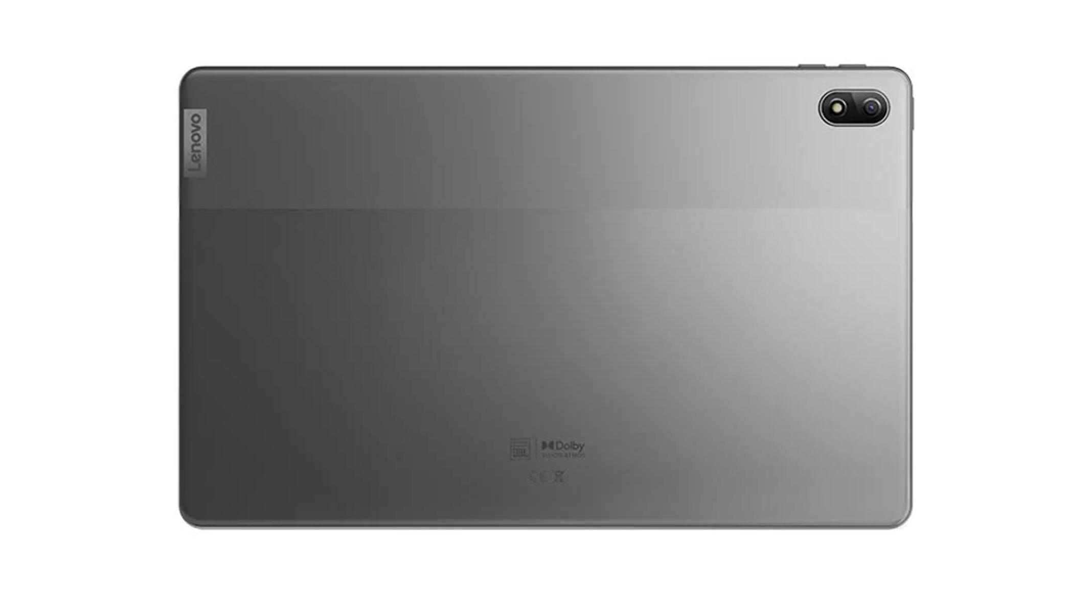 La parte trasera de una tableta gris, con cámara y el logo de Lenovo.