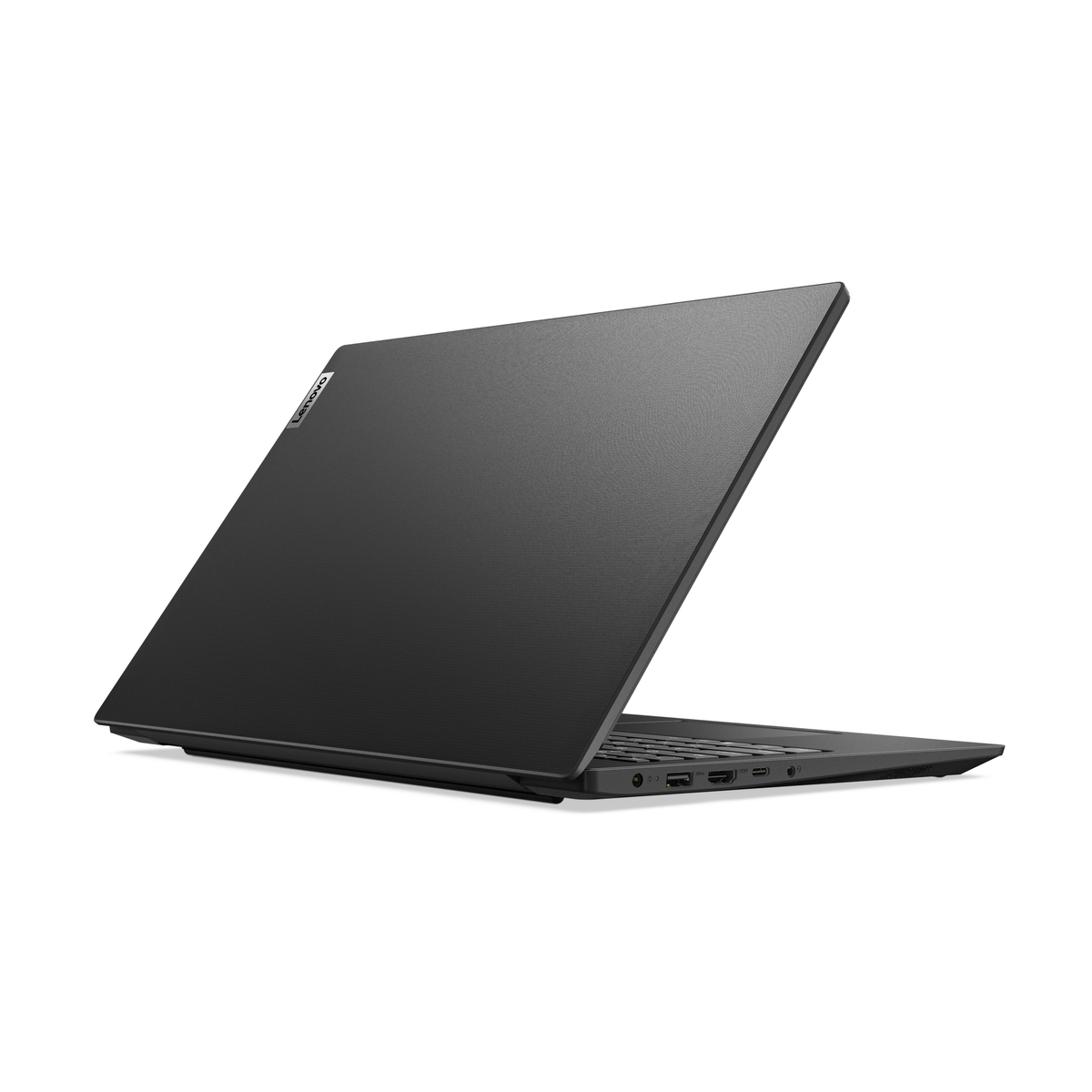 Un laptop Lenovo nero, leggermente angolato per mostrare il retro. Lo sfondo è bianco.