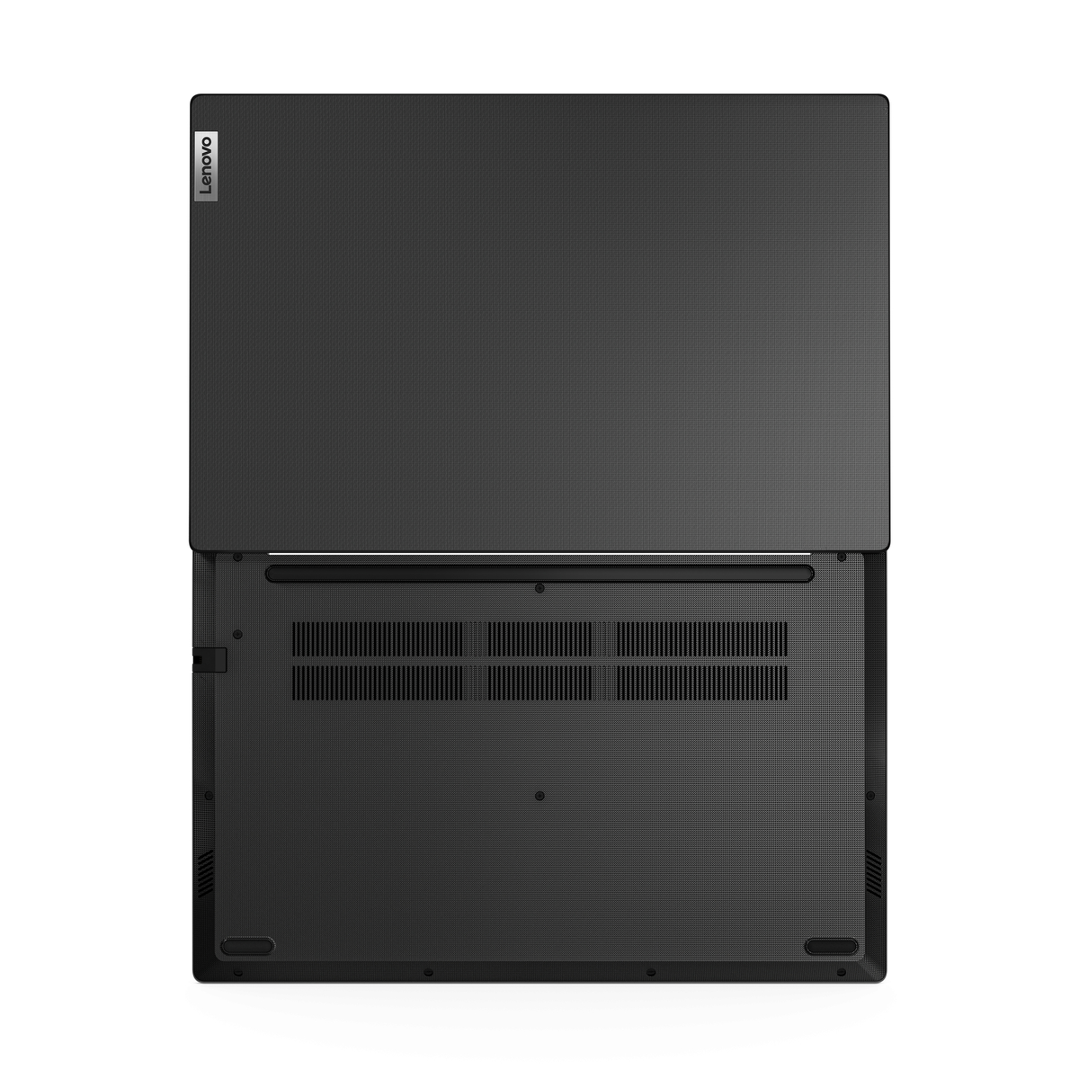 Laptop nero, vista posteriore, con prese d'aria e parte inferiore. Logo Lenovo visibile.