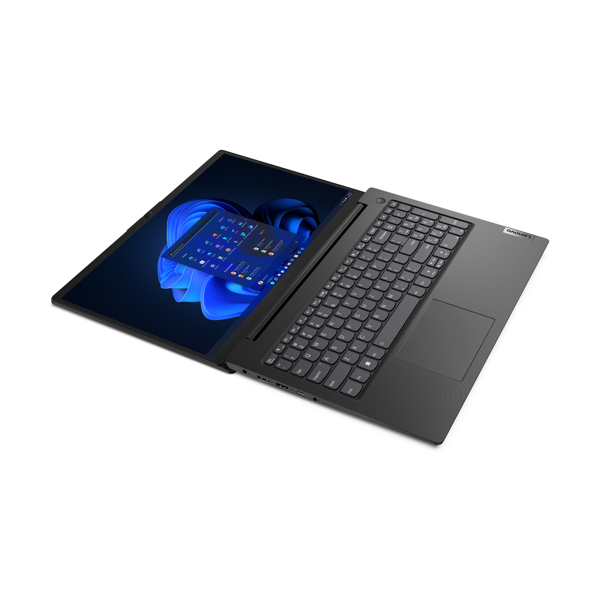 Un laptop Lenovo è aperto, mostrando un'interfaccia Windows. Uno sfondo blu scuro è visibile sullo schermo.