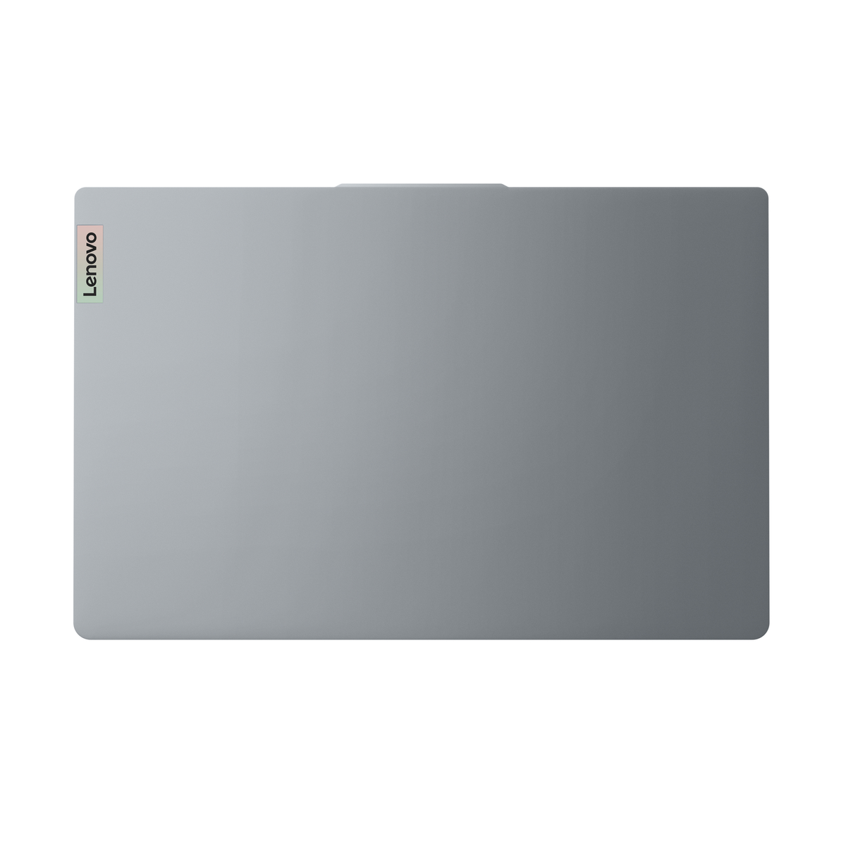 Vista dall'alto di un laptop grigio chiuso. Logo Lenovo in alto a sinistra.
