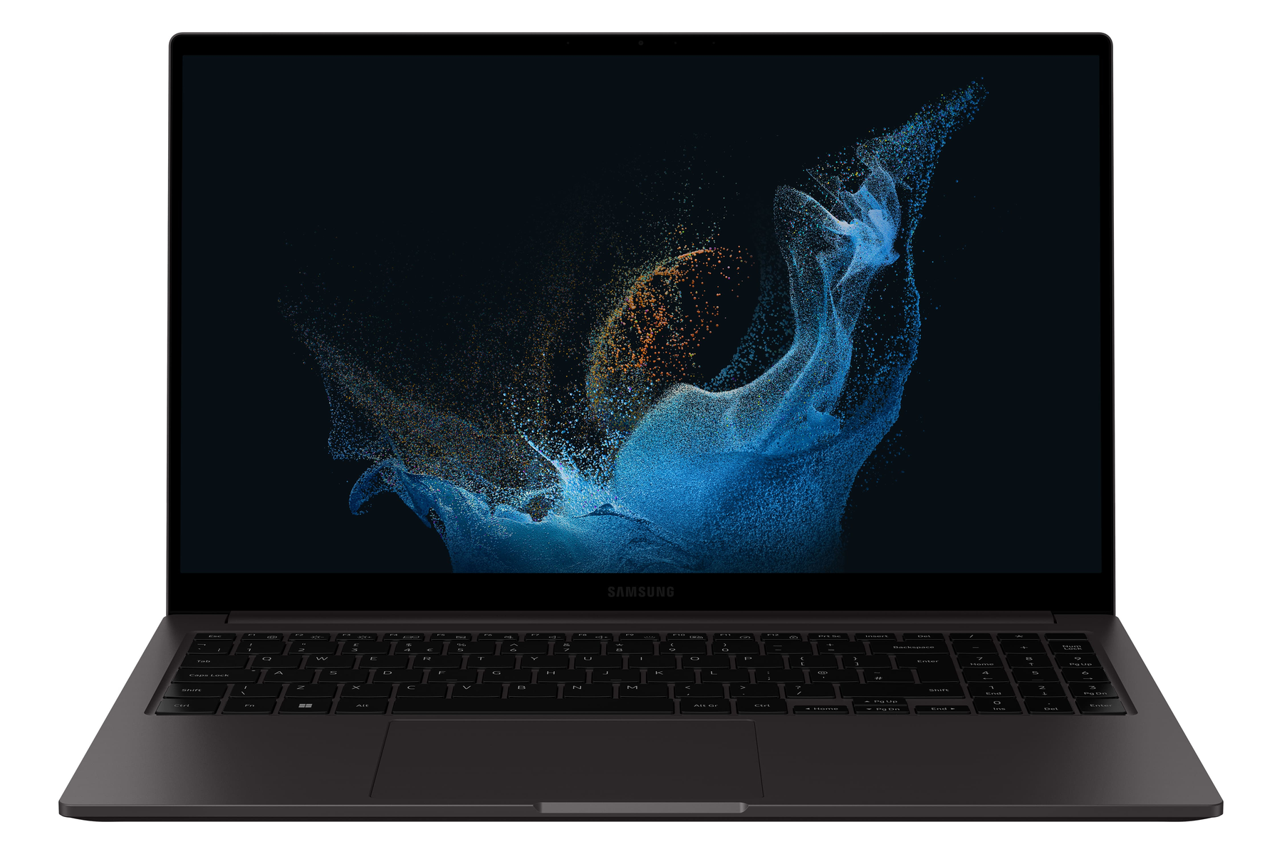 Schwarzer Laptop, geöffnet, zeigt ein dunkles Display mit einem farbenfrohen, abstrakten Design.