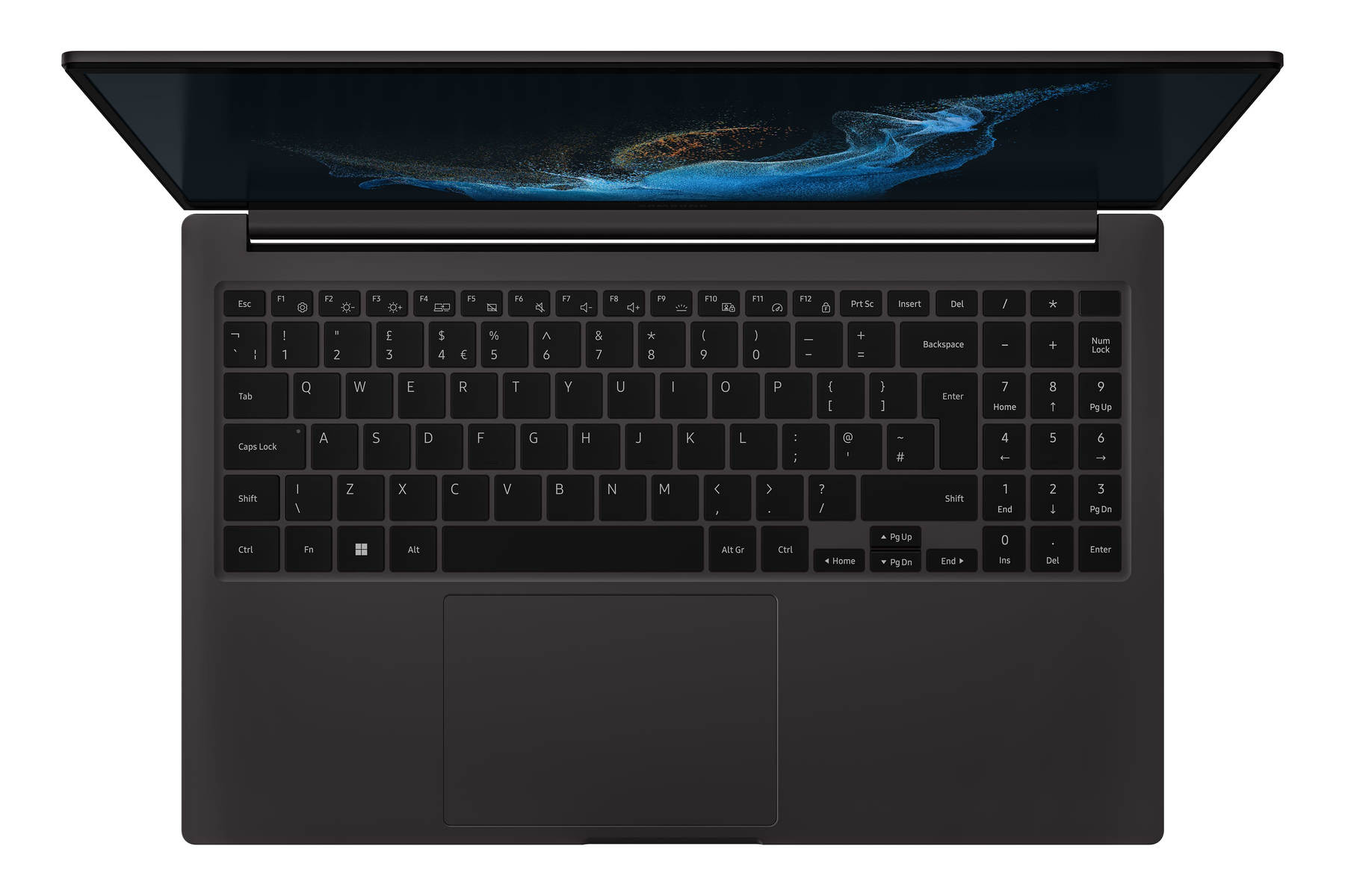 Schwarzer Laptop, Tastaturansicht. Geöffnet, Tastatur, Touchpad und Bildschirmrahmen zeigend.