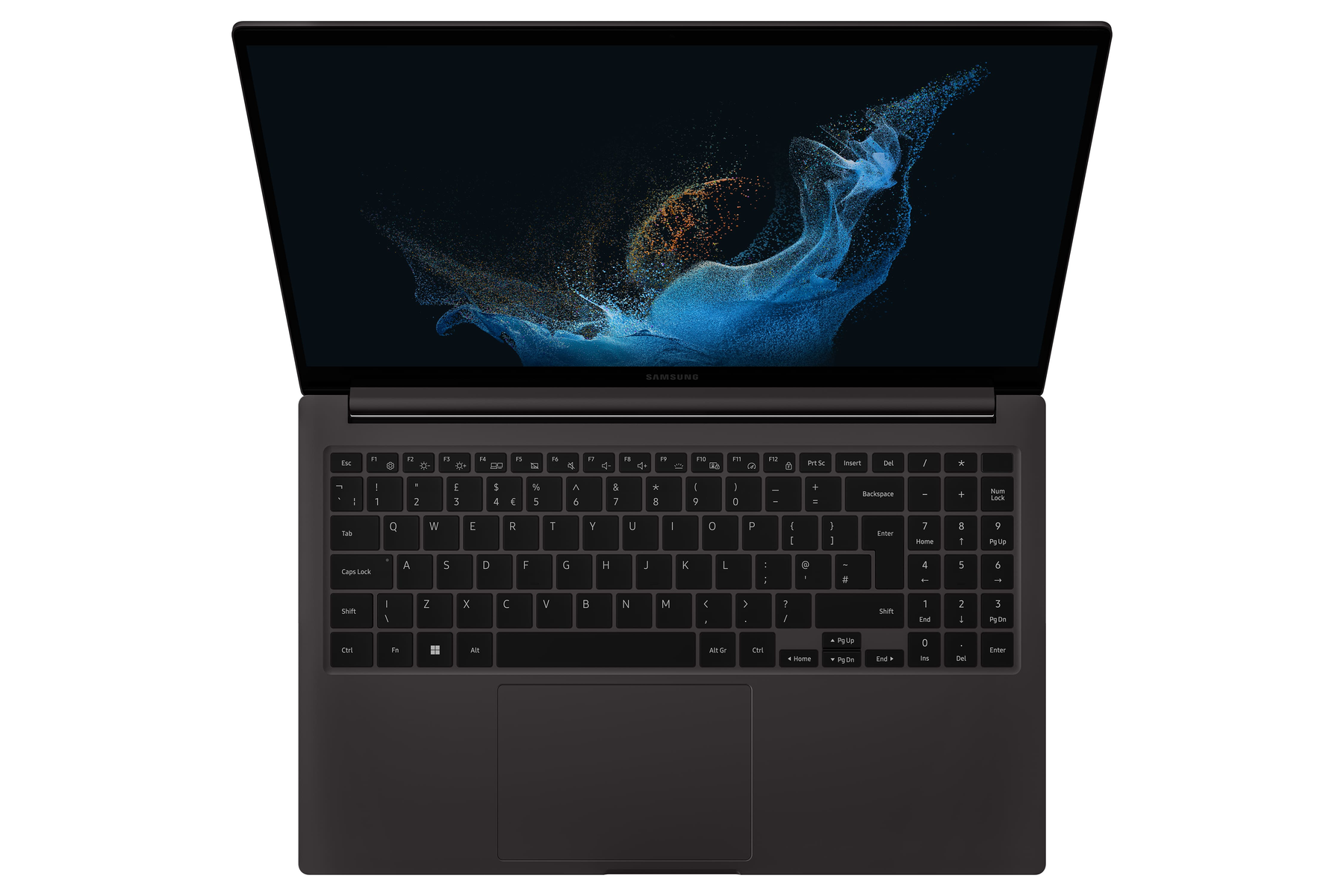 Schwarzer Samsung-Laptop, geöffnet, um Tastatur und Bildschirm mit abstraktem blau-goldenen Design zu zeigen.