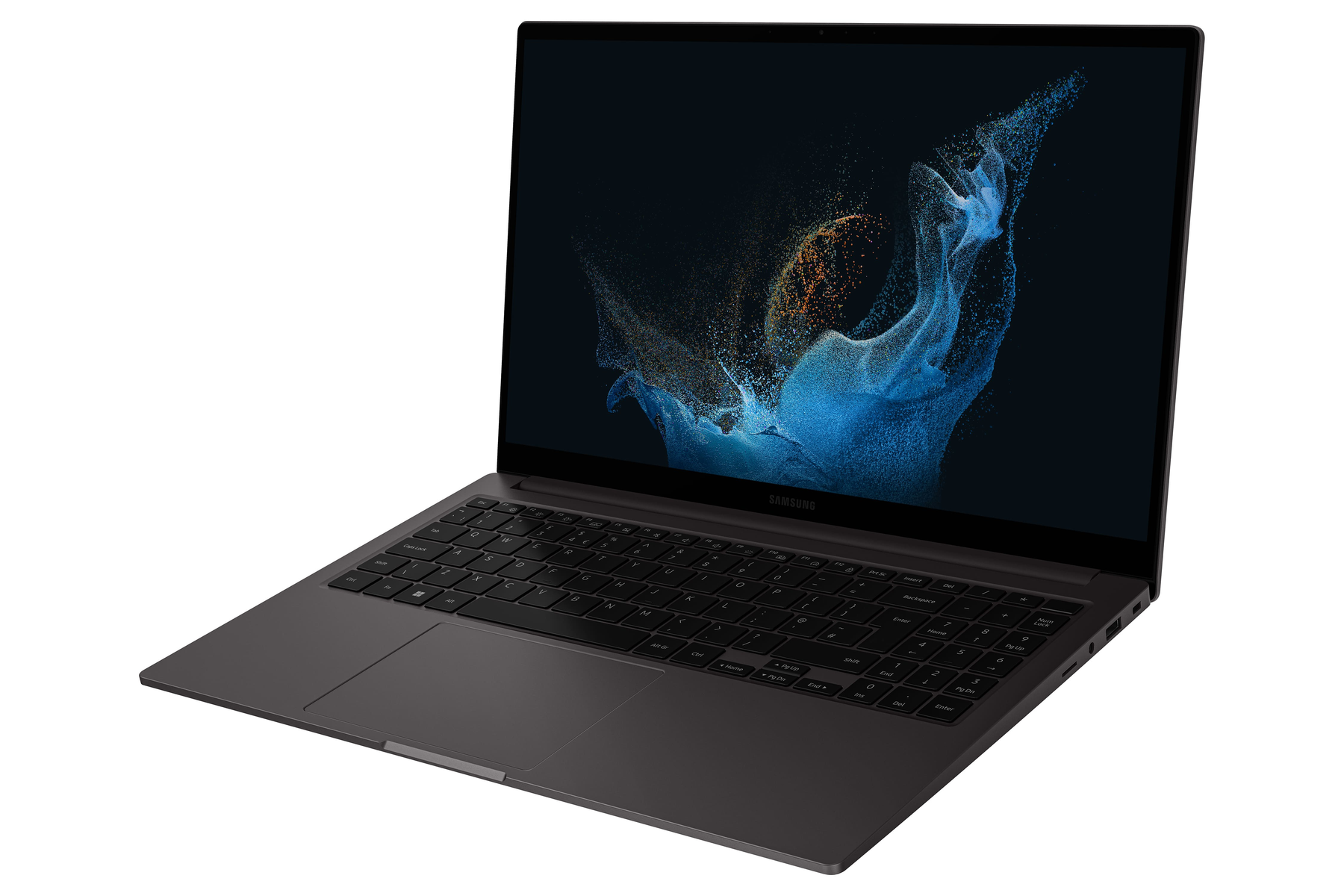 Dunkelgrauer Laptop mit offenem Bildschirm, der abstrakte Farben anzeigt. Samsung-Logo sichtbar.