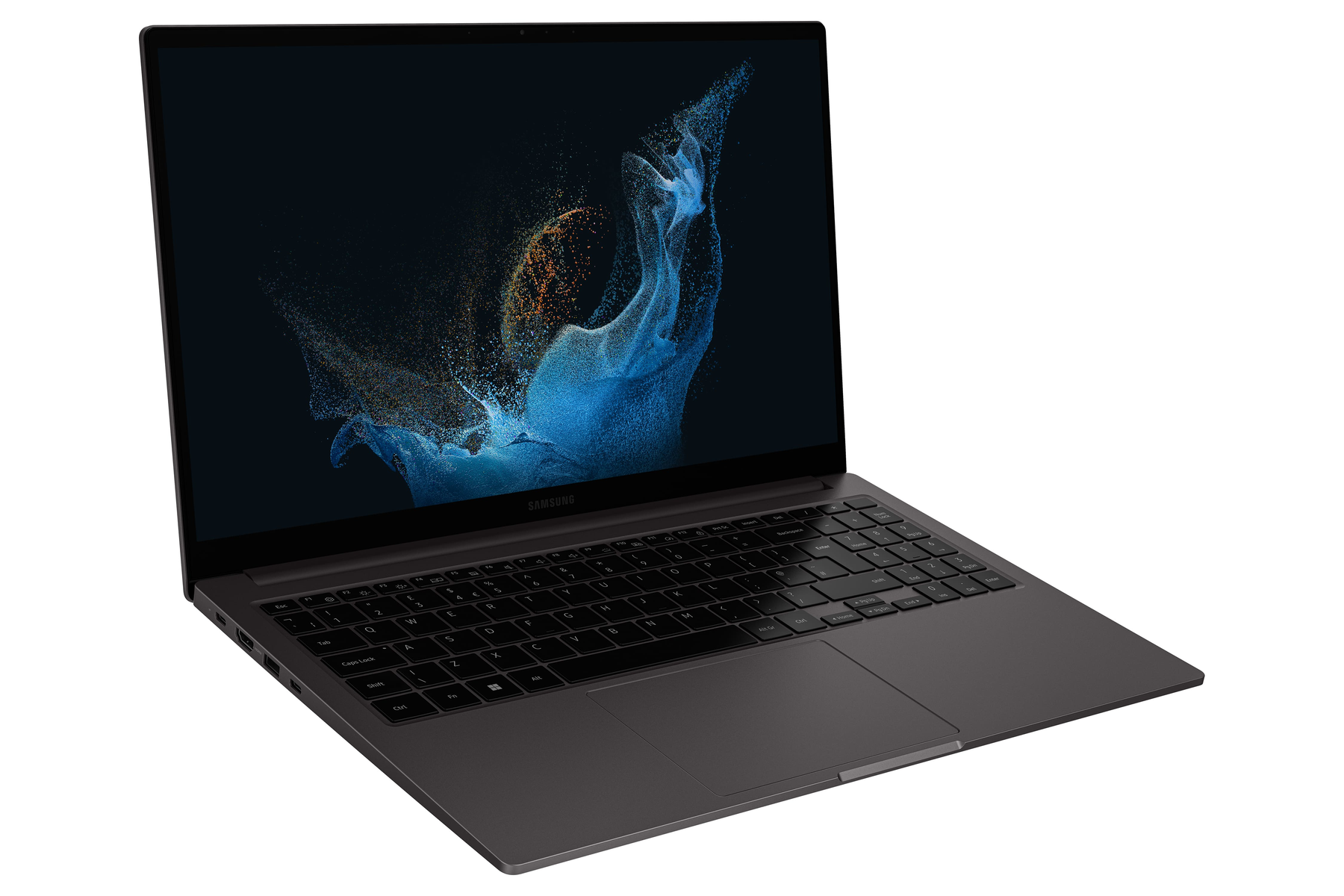 Ein dunkelgraues Samsung-Laptop, geöffnet, mit einem dunklen abstrakten Muster auf dem Bildschirm.