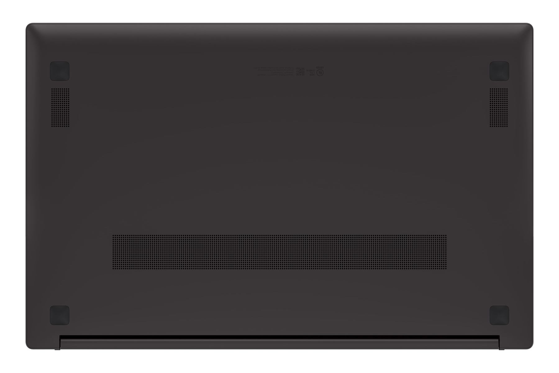 Laptop-Unterseite, schwarze Farbe, Lautsprecher- und Lüfterdetails. Weißer Hintergrund.