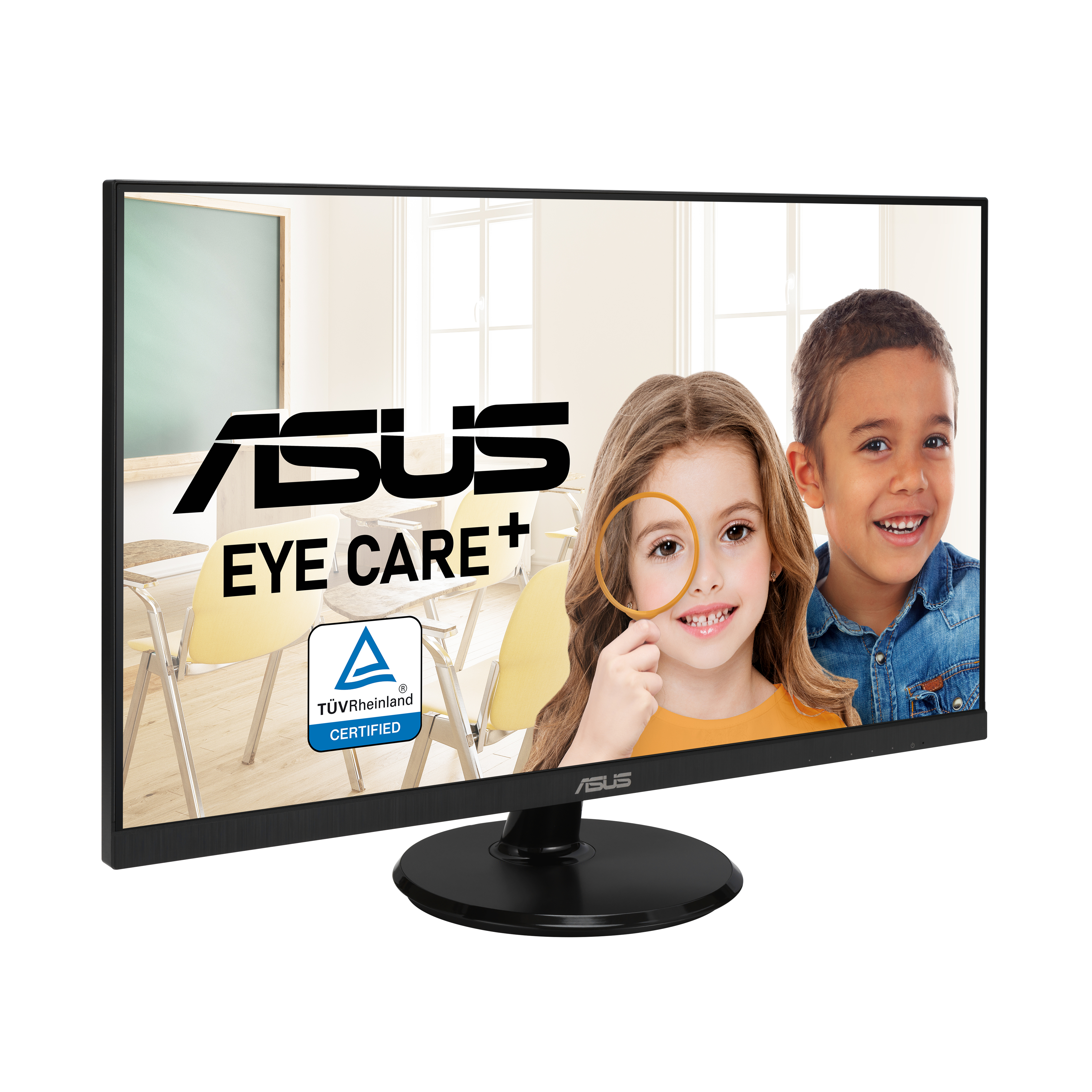 Monitor ASUS mostrando dos niños. Uno sostiene una lupa. Fondo es un aula.