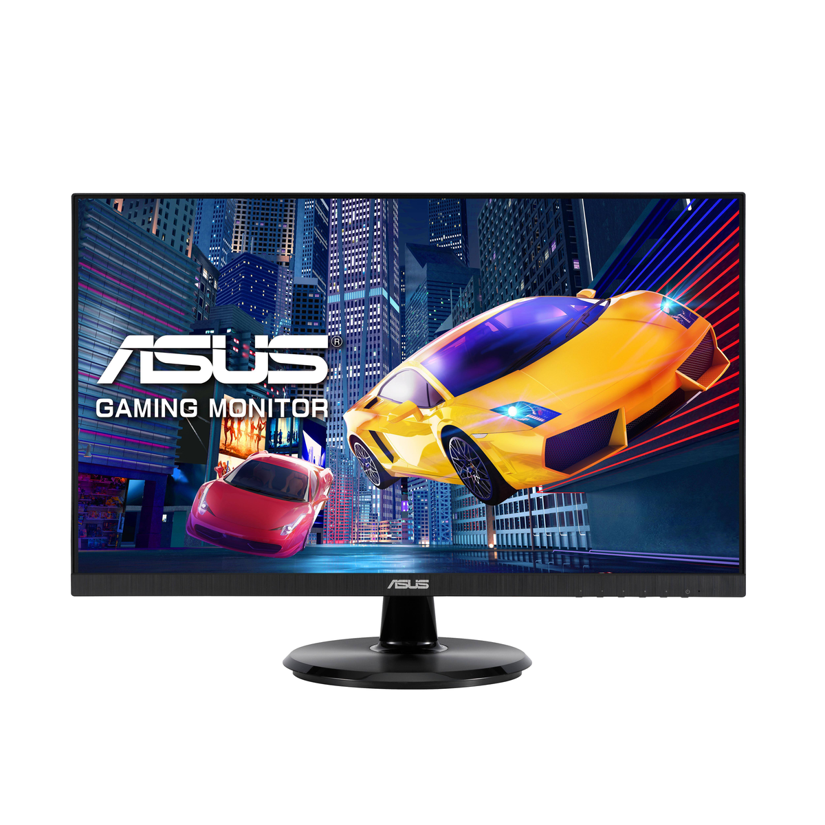 Monitor gaming ASUS mostrando una ciudad con un coche deportivo amarillo y un coche rojo. Soporte negro.