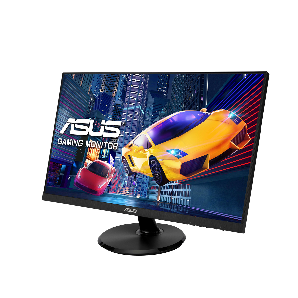 El monitor ASUS muestra un juego de carreras con coches amarillos y rojos en un fondo de ciudad.