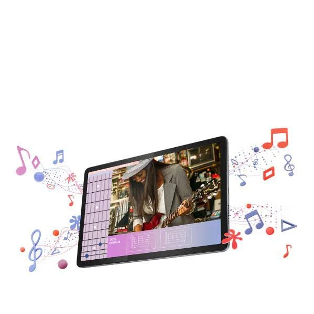 Tablet wyświetlający mężczyznę grającego na gitarze. Otaczają go nuty i symbole muzyczne.