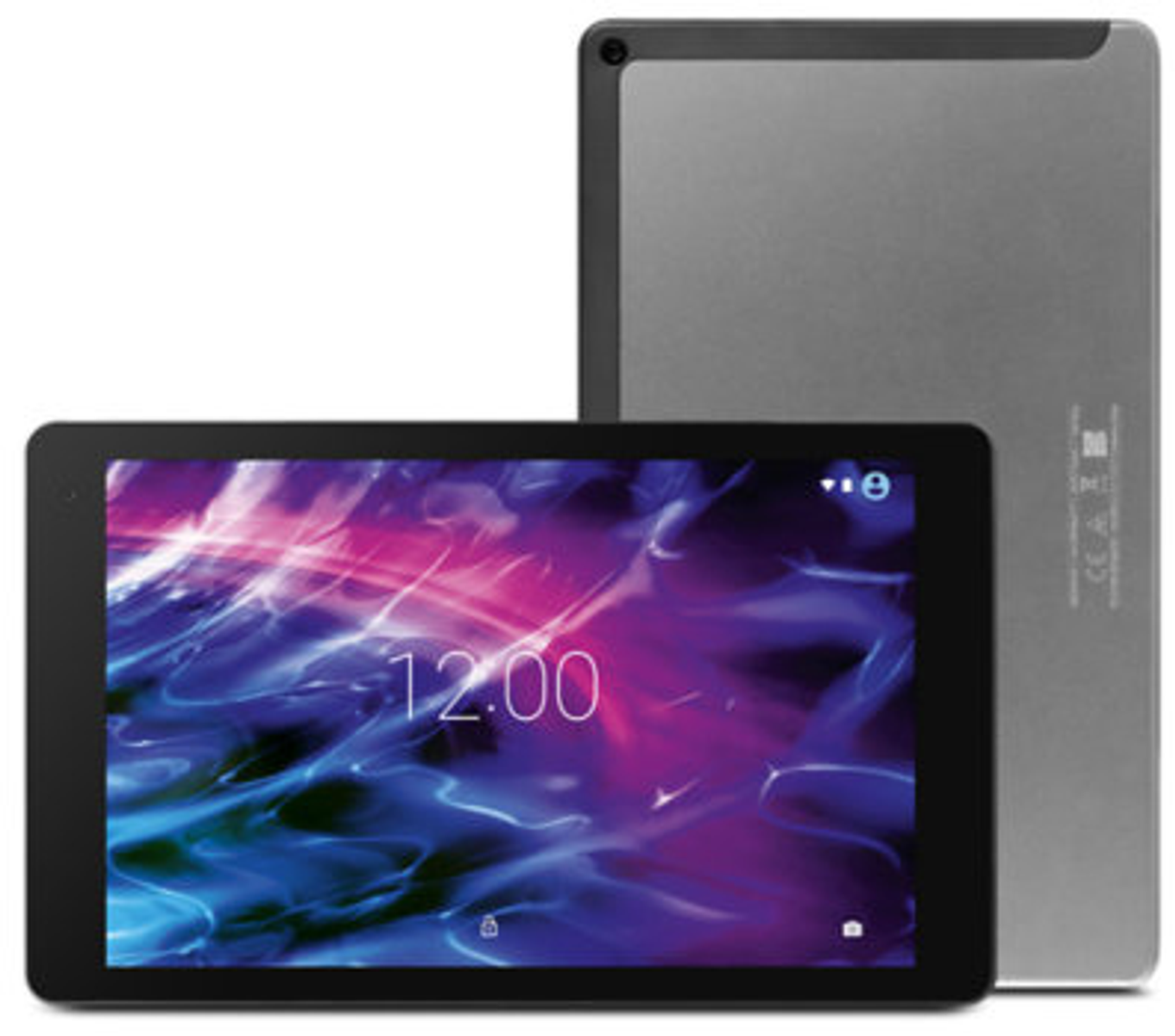 Ein Tablet mit einer Uhr, die 12:00 anzeigt, und einer silbernen Rückseite, mit schwarzem Hintergrund.