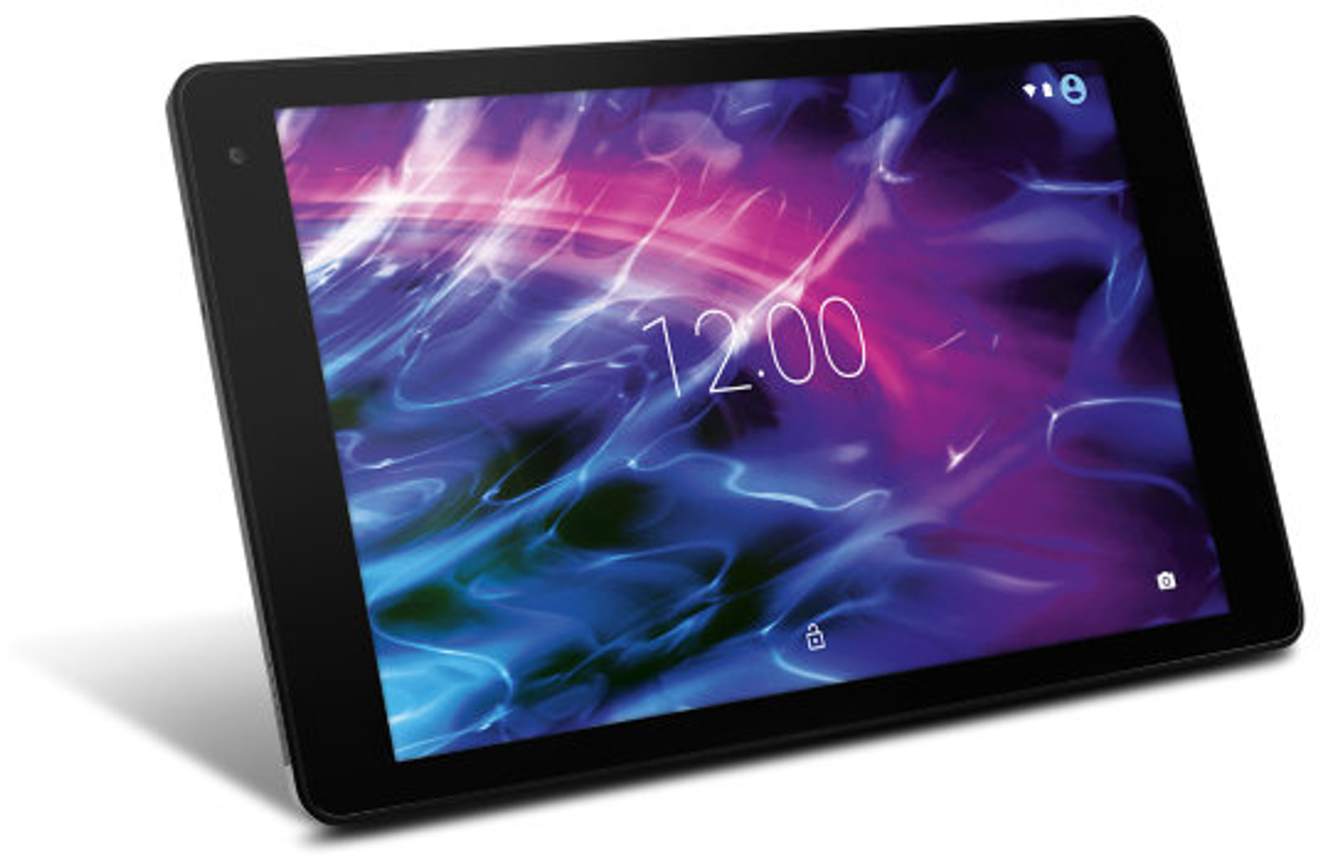 Schwarzes Tablet mit blauem und lila Bildschirm, Zeit wird angezeigt, weißer Hintergrund.