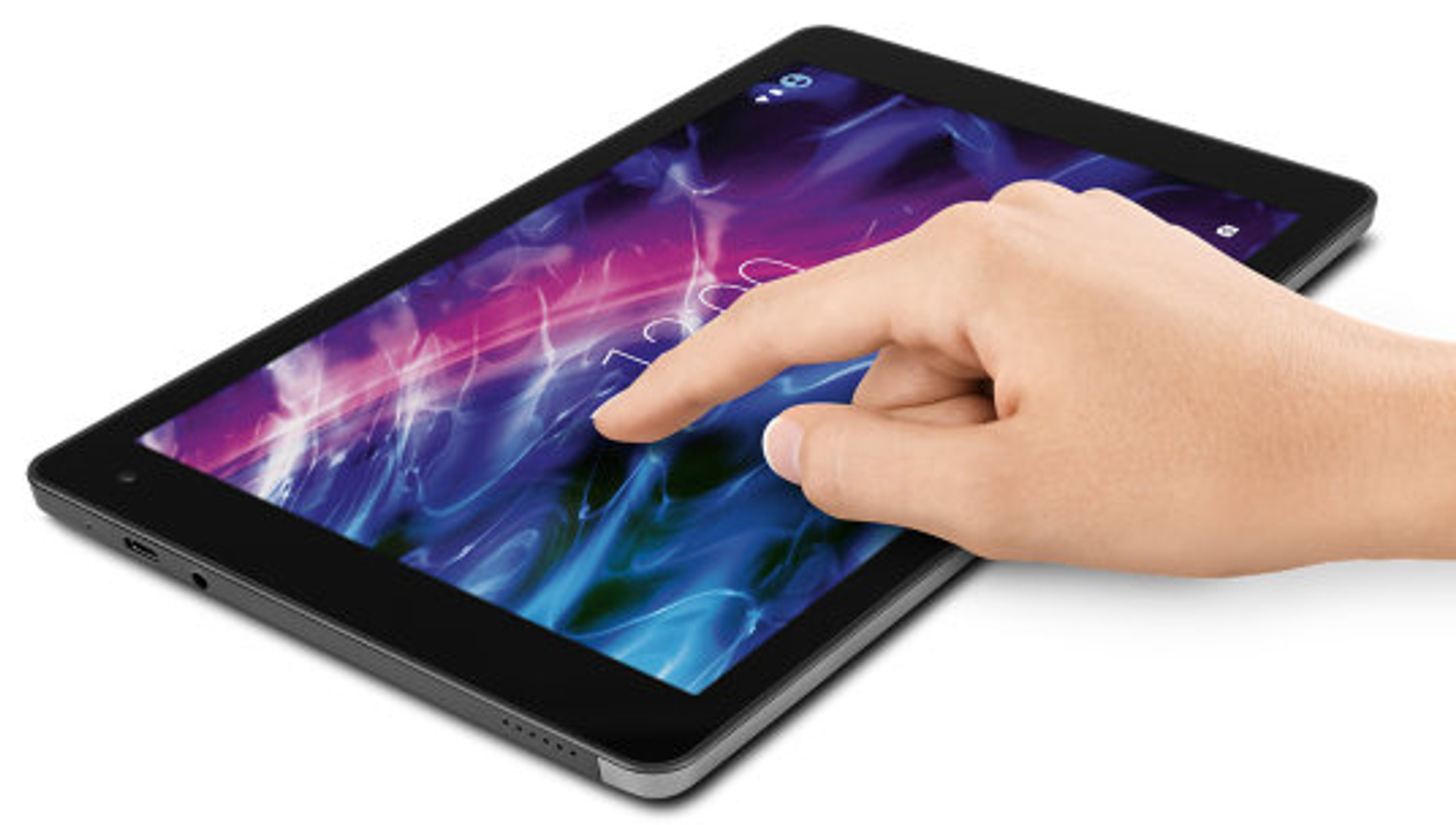 Schwarzes Tablet, Hand berührt den Bildschirm. Das Tablet befindet sich auf weißem Hintergrund.