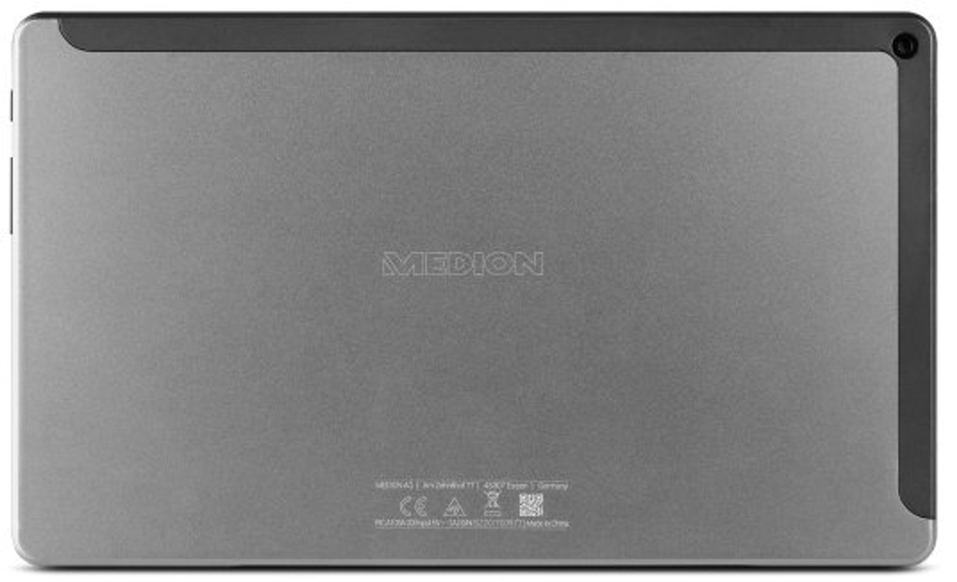 Tablet-Rückseite mit grauer Oberfläche, MEDION-Logo und Text unten.