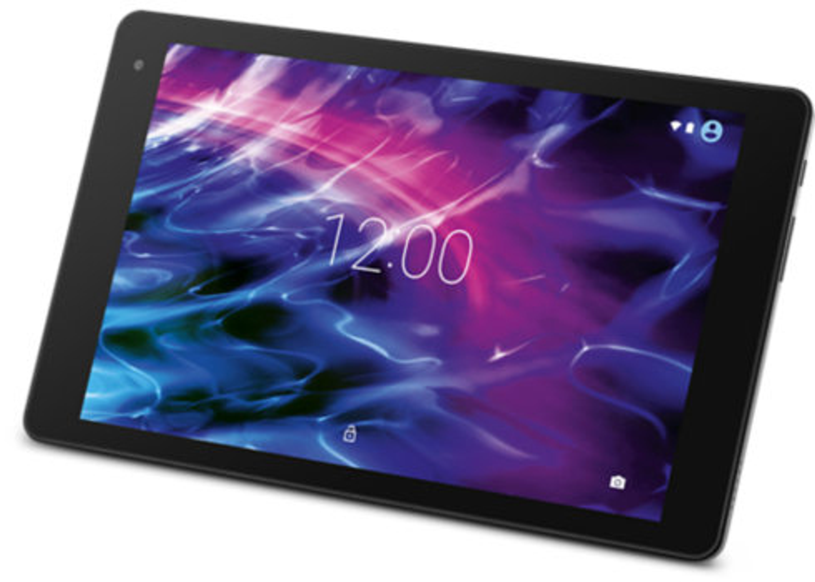 Schwarzes Tablet mit farbenfrohem Bildschirm, der eine Uhr anzeigt. Weißer Hintergrund.
